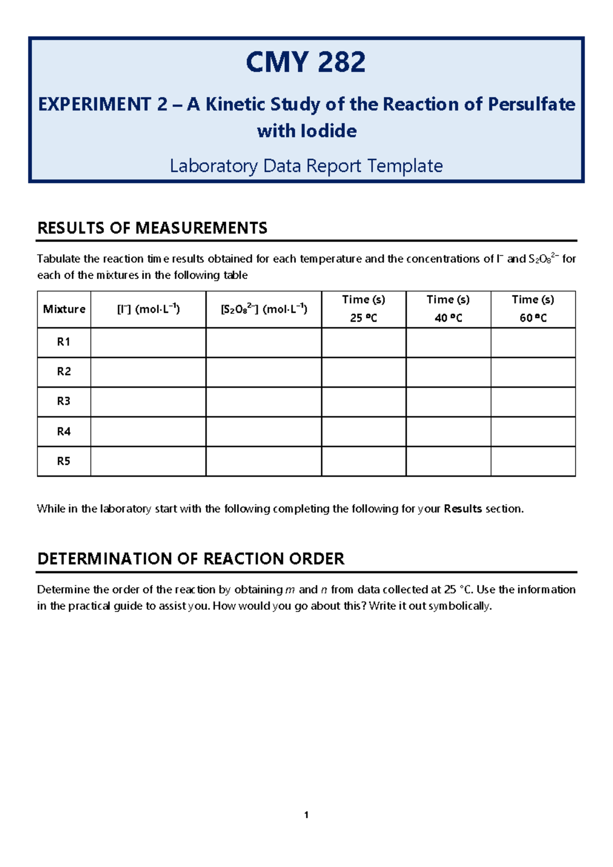 CMY 282 Experiment 2 Lab Data Report Template on Persulfate Reaction ...