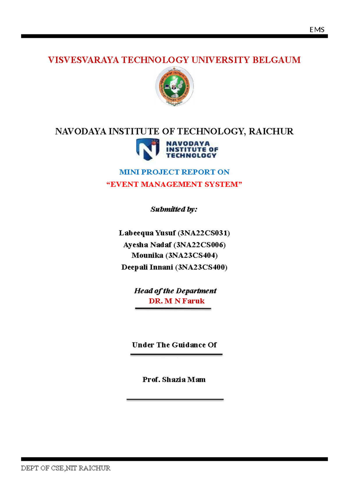 Mini Project Report on Event Management System (EMS) - CSE 3NA22/3NA23 ...