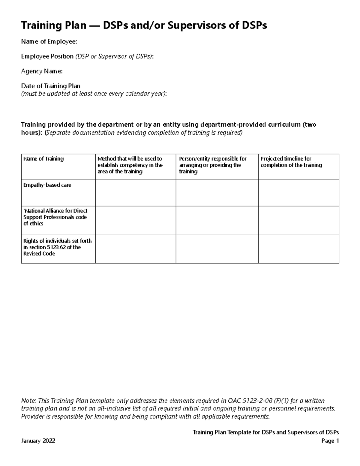 Training+Plan+-+DSPs+and+Supervisors - Name of Employee: Employee ...
