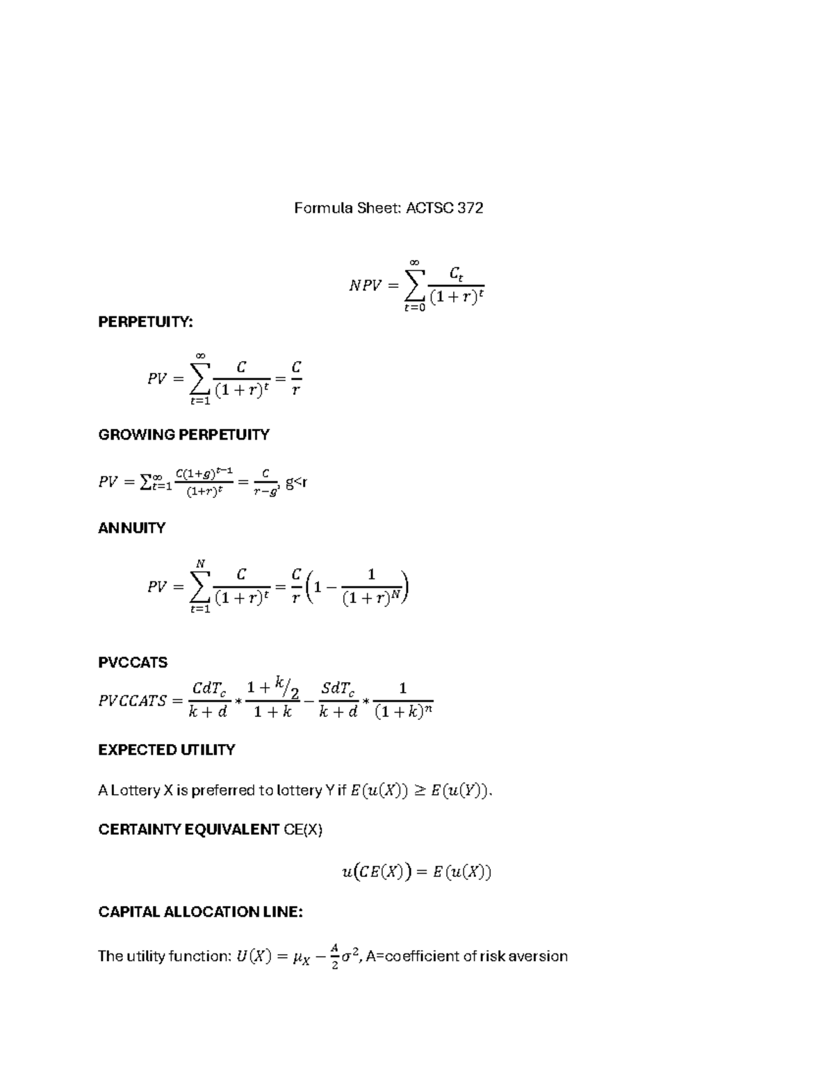 Formula Sheet: ACTSC 372 - Spring 2025 Perpetuity & Utility Concepts ...