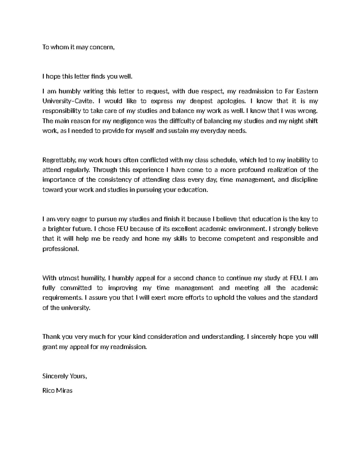 FEU Readmission Appeal Letter - Rico Miras - Studocu