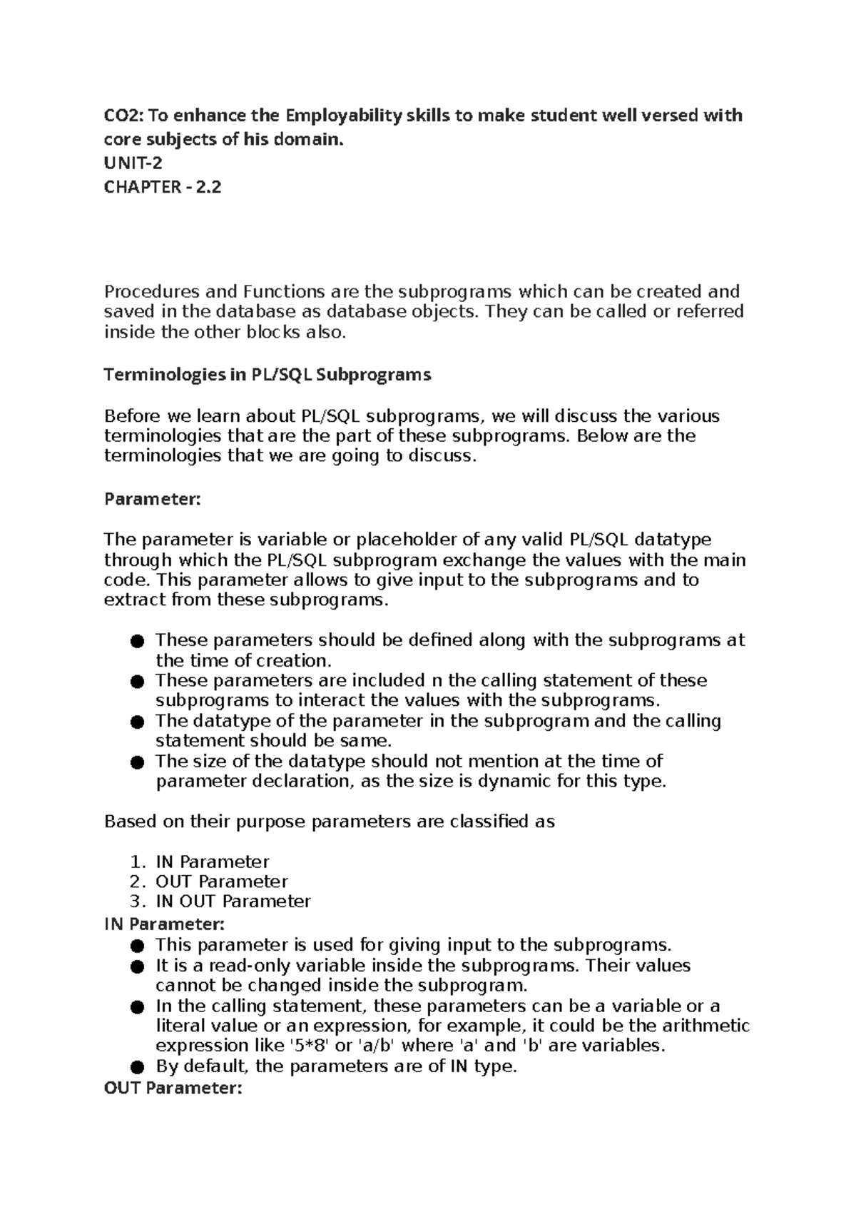 Lecture Notes on PL/SQL Procedures and Functions - Chapter 3.1 - Studocu