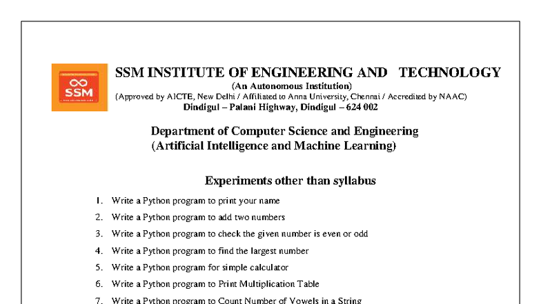 Python Programming Exercises for CSE AI & ML - Studocu