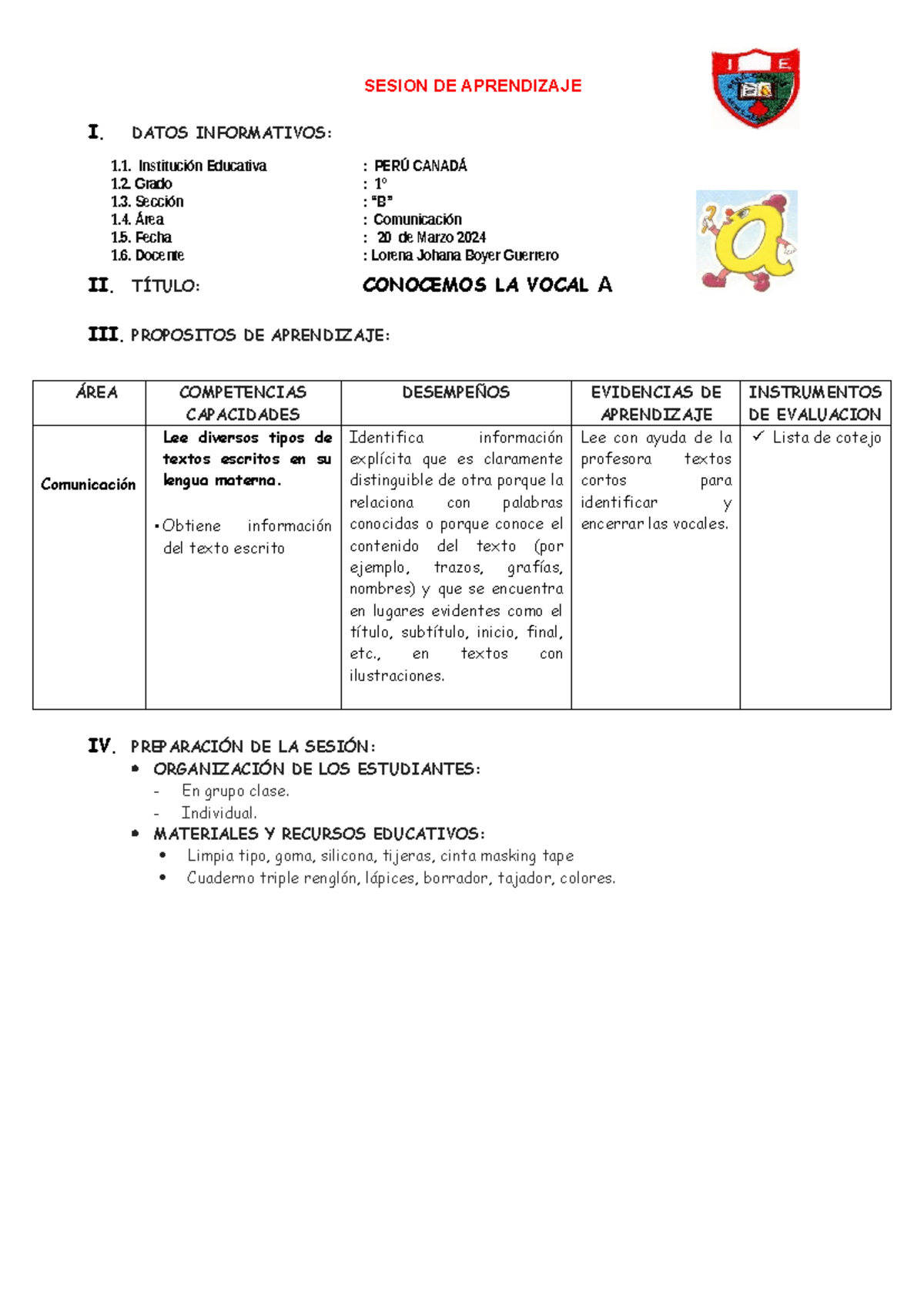 Conocemos la Vocal "A" - Sesión de Aprendizaje 1° Grado Comunicación ...