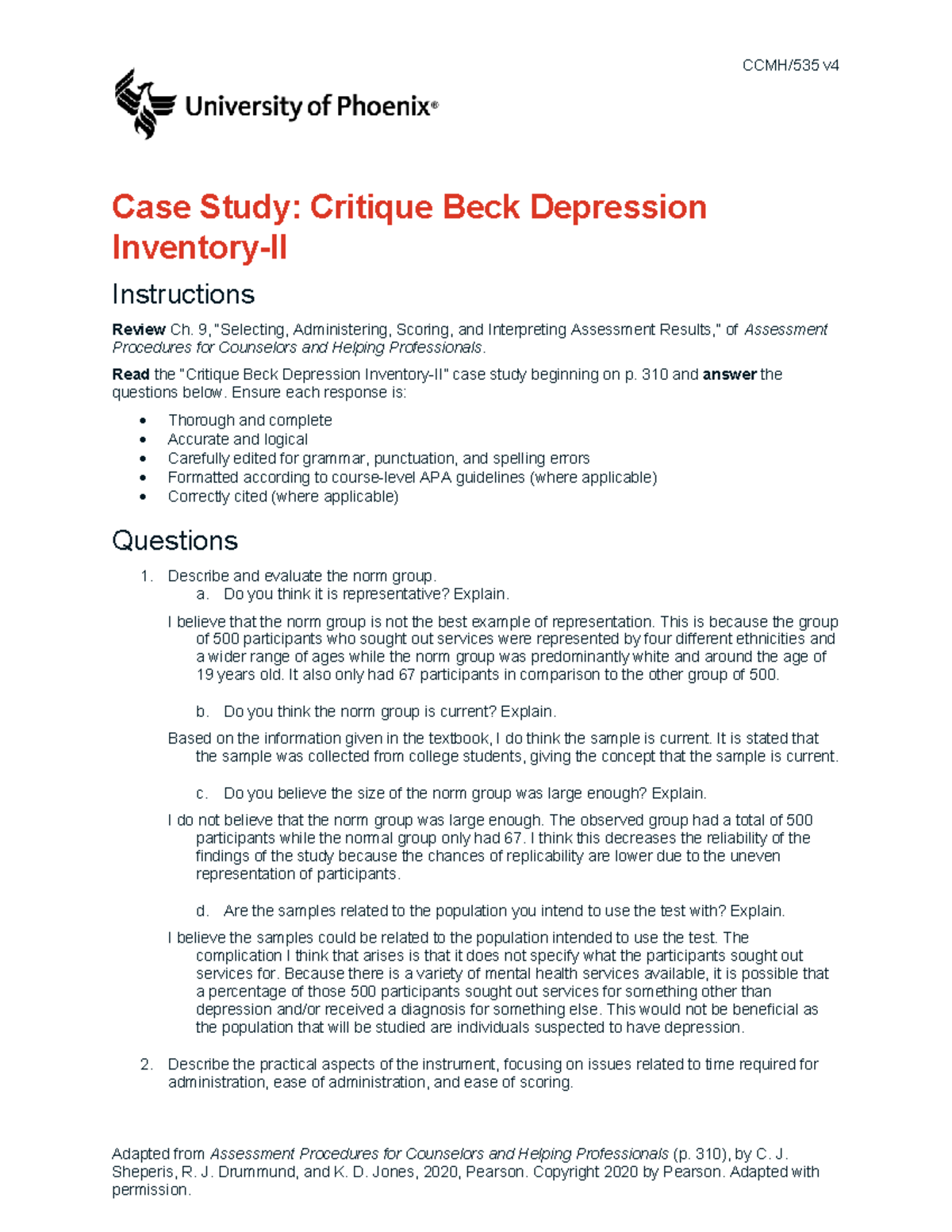 CCMH/535 Wk 2 Case Study - Critique of Beck Depression Inventory-II ...