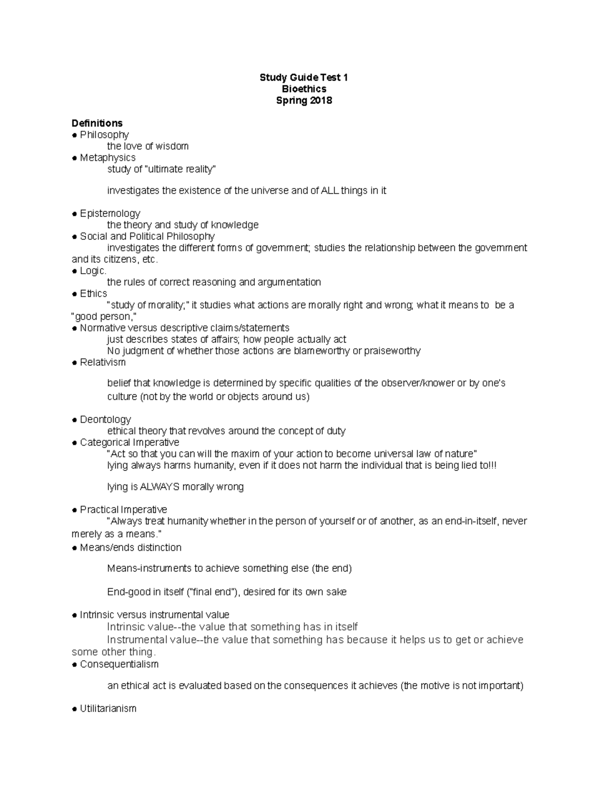 Bioethics Exam 1 Study Guide: Key Concepts and Ethical Principles - Studocu