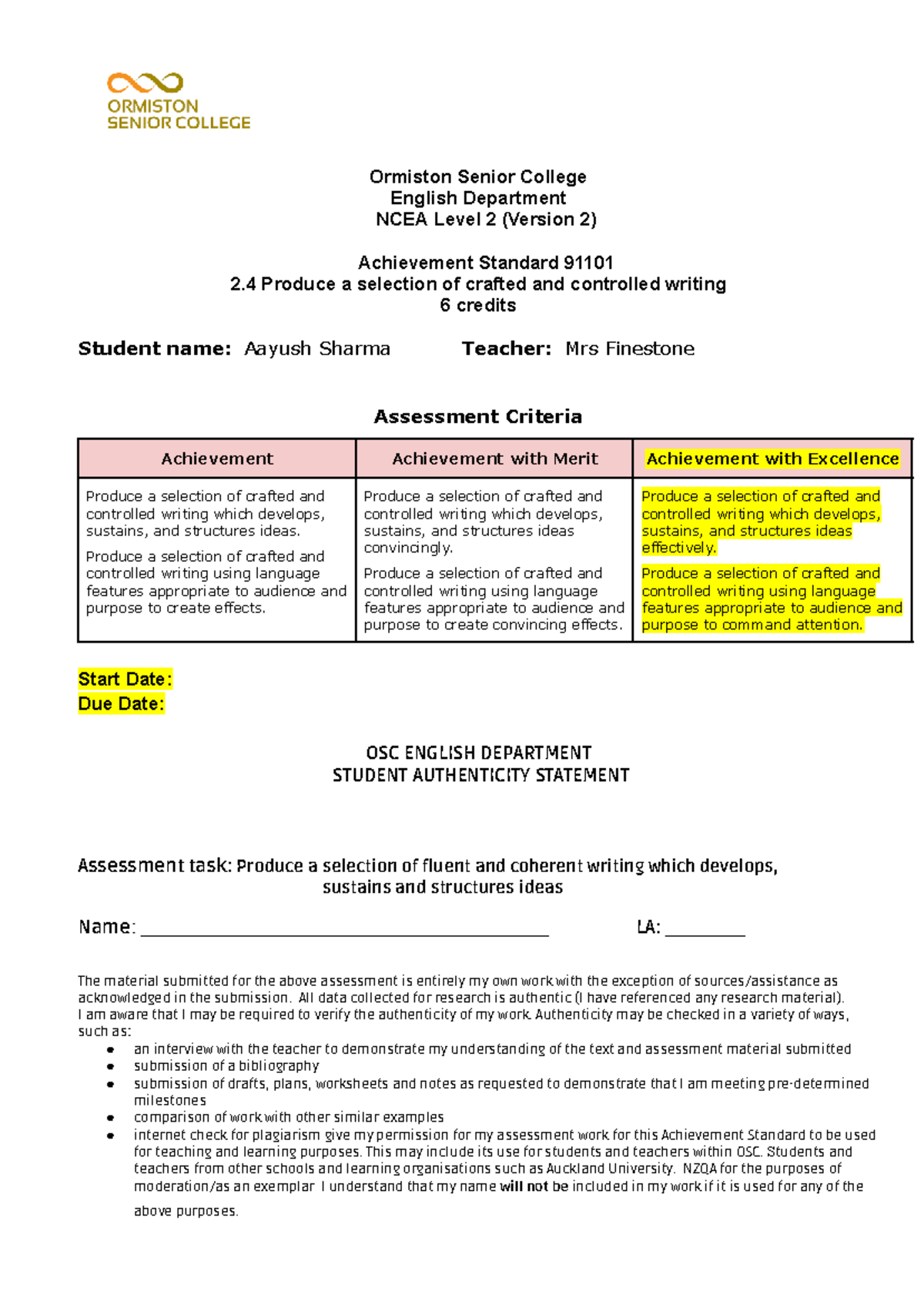 NCEA Level 2 English Writing Portfolio - Aayush Sharma (2024) - Studocu