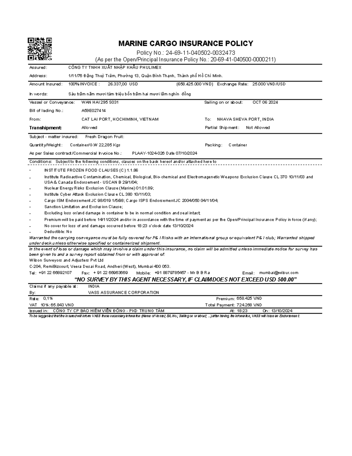 32473 - Marine Cargo Insurance Policy for Phulimex - PLAAY-1024-026 ...