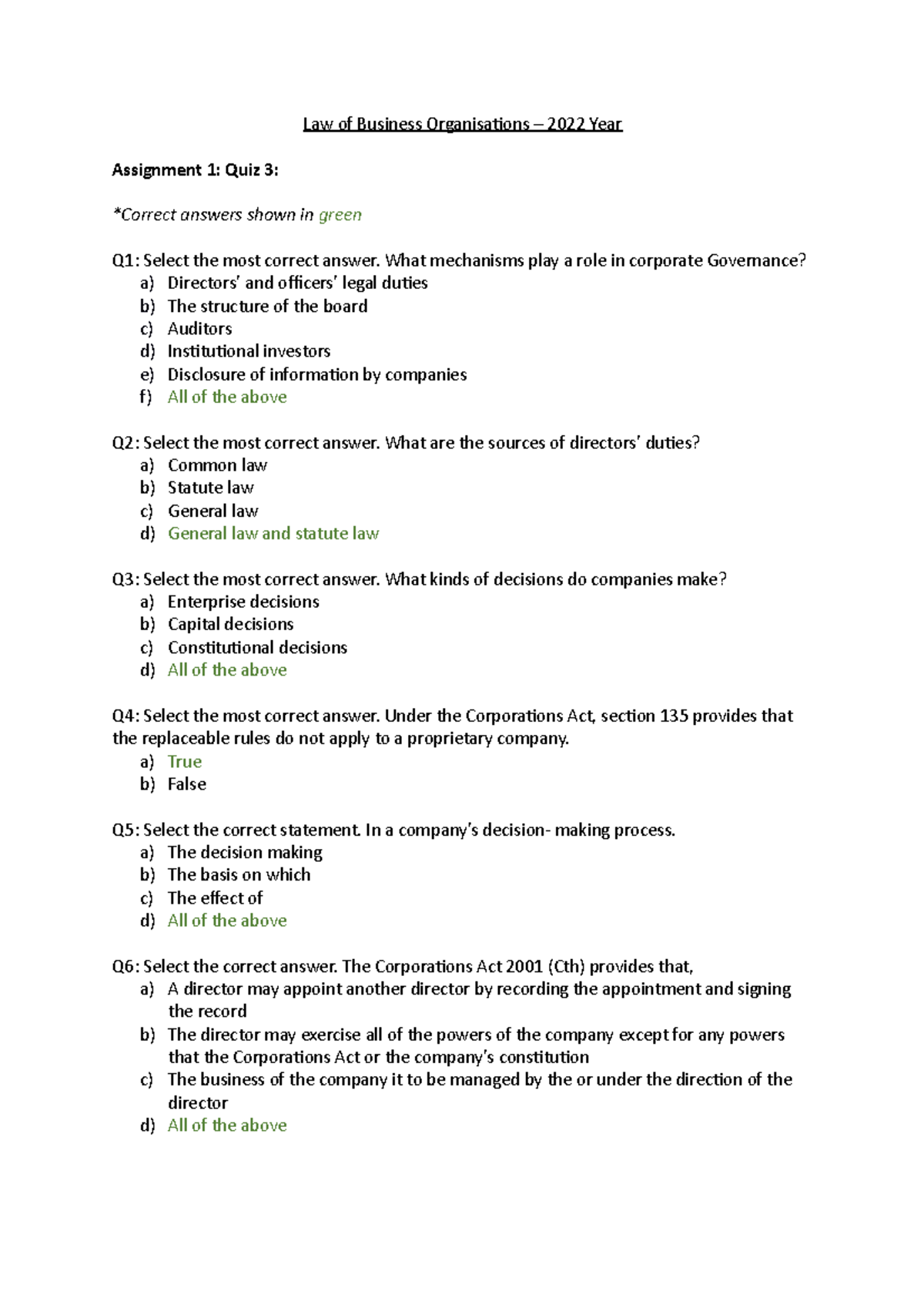LOBO Quiz 3 Answers - Law of Business Organisations 2022 - Studocu