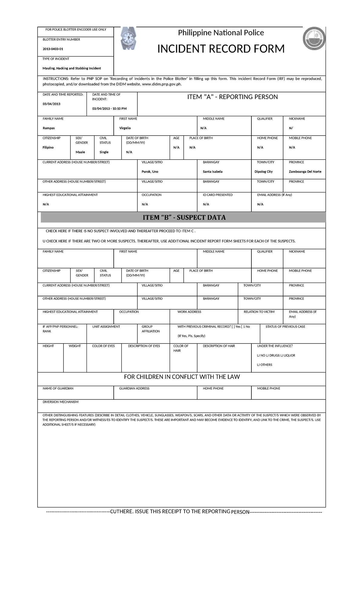 IRF Incident Record Form for Mauling, Hacking, and Stabbing Case - Studocu