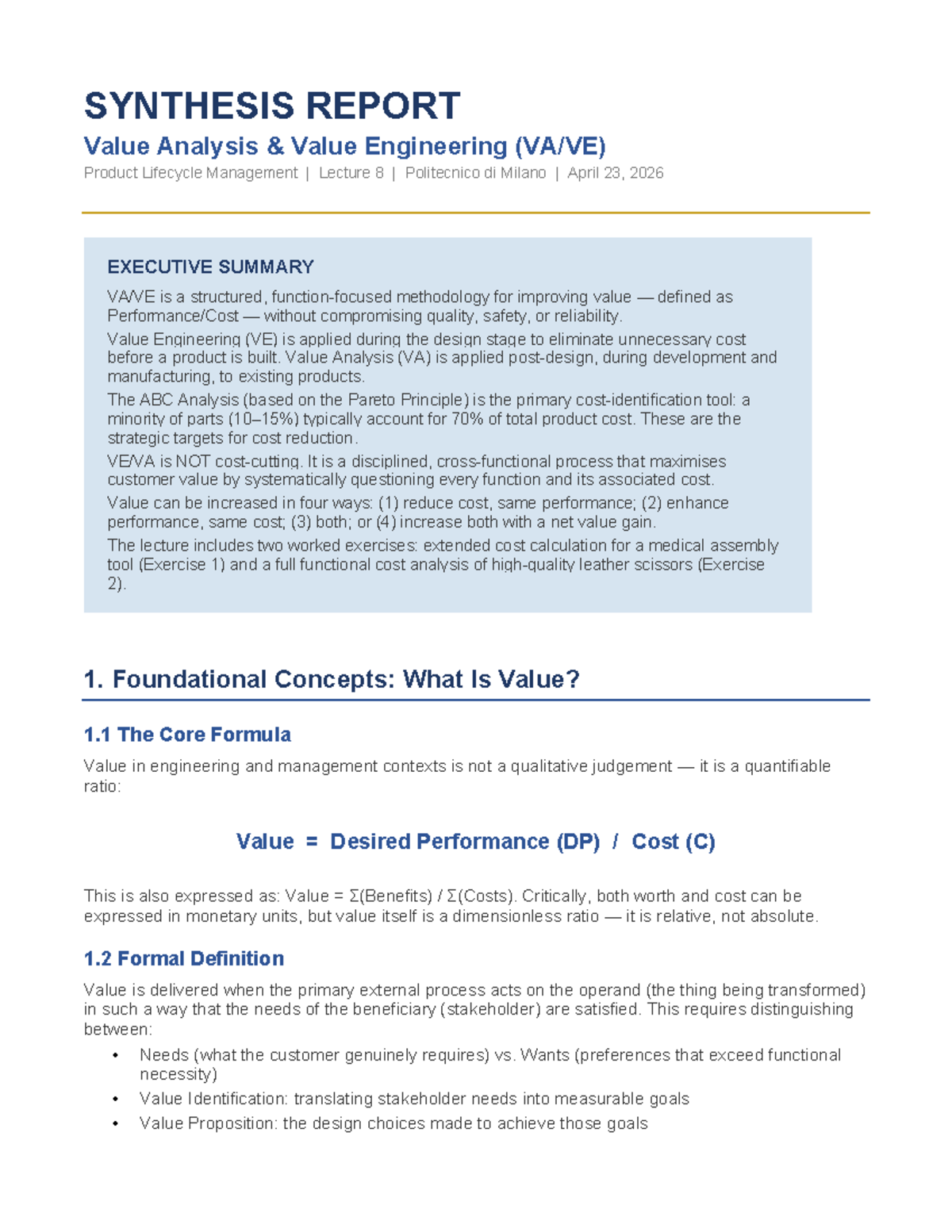 VAVE Synthesis Report: Value Analysis & Engineering (097327) Lecture 8 ...