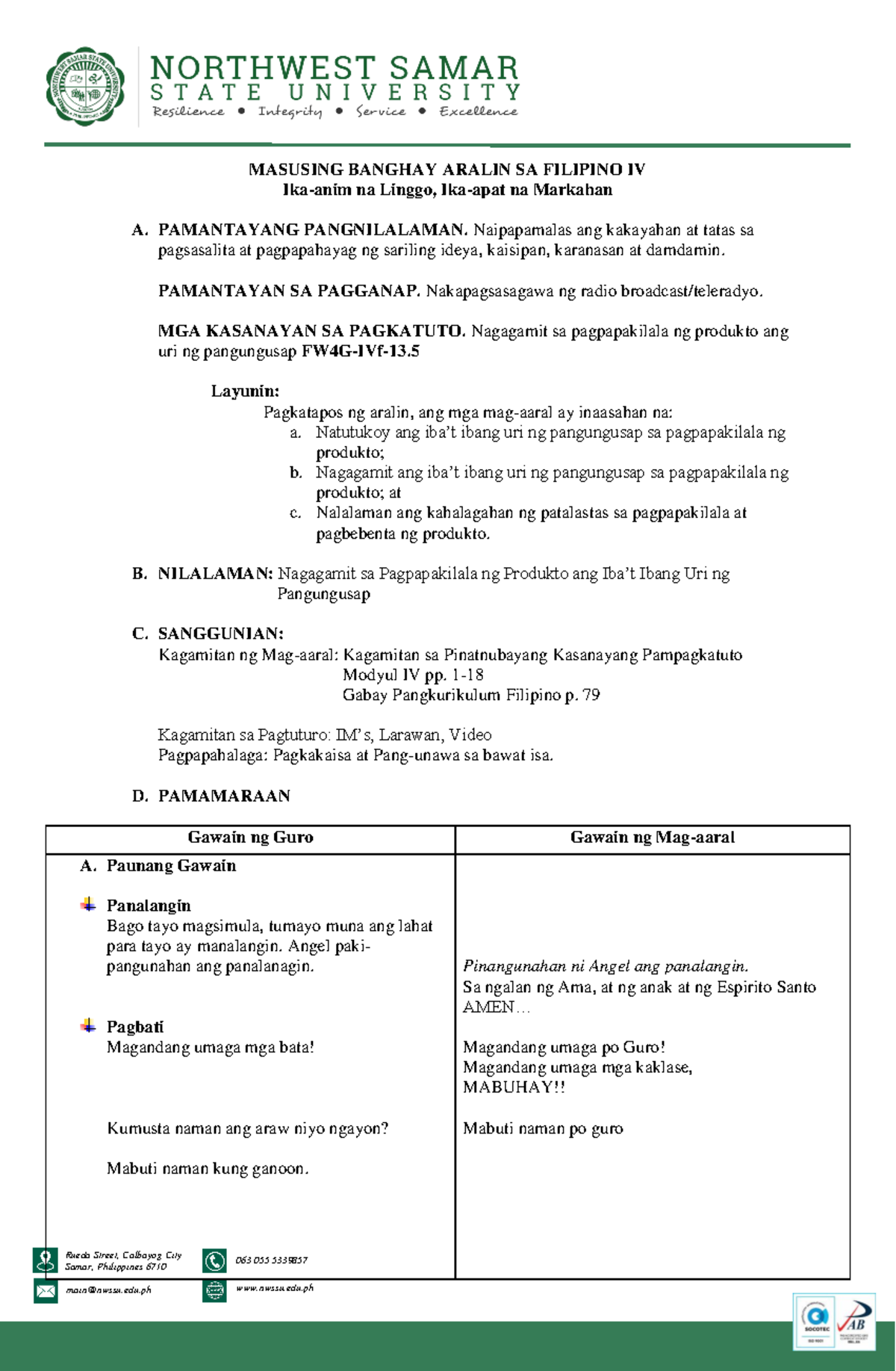 Filipino-LP - Lesson plan for Filipino subject - Rueda Street, Calbayog ...