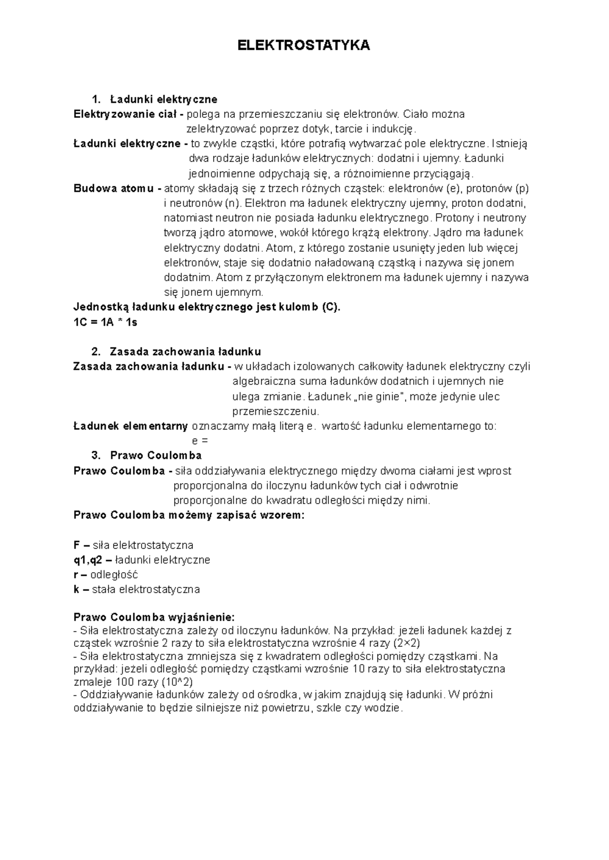 Sprawdzian Z Fizyki Elektrostatyka 3 Gimnazjum www.studocu.com