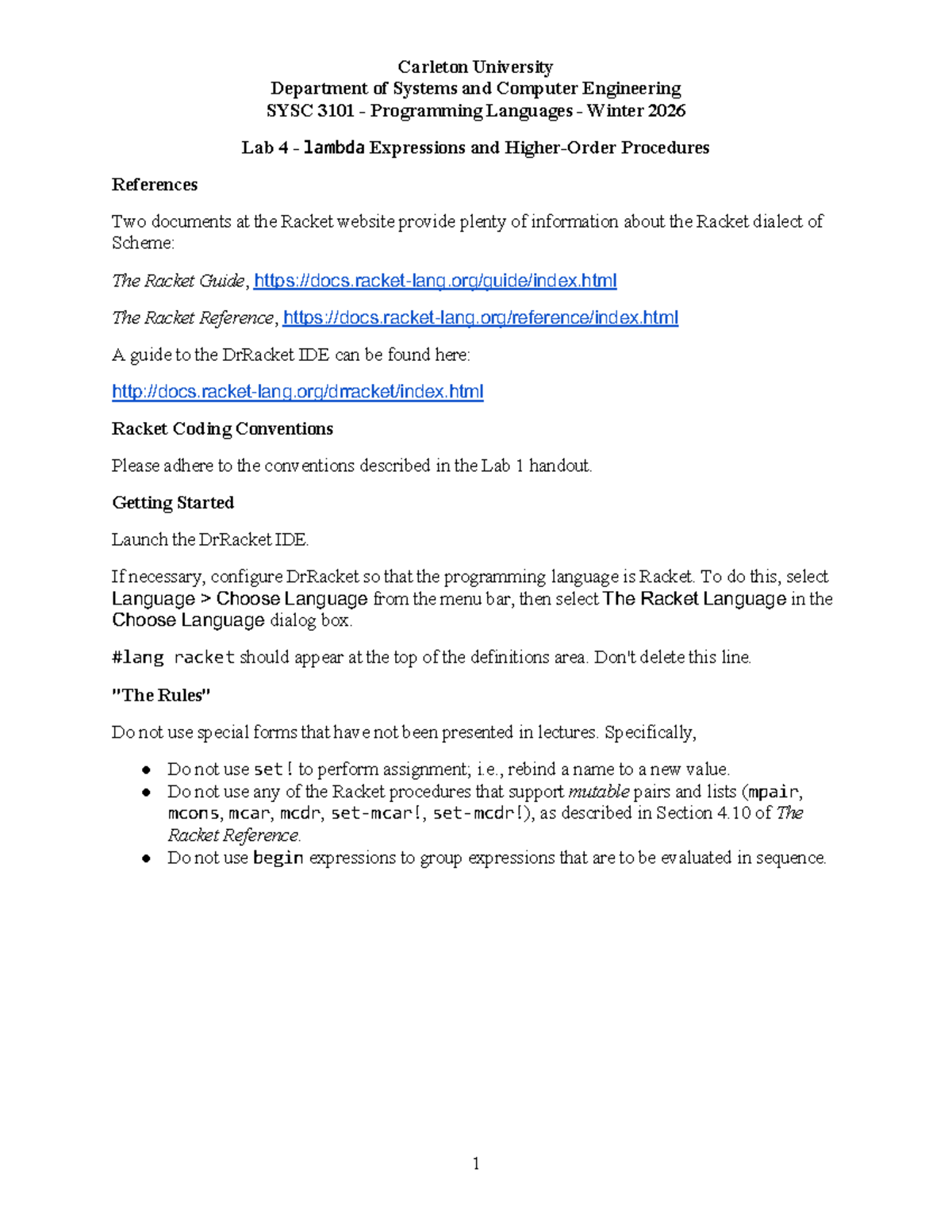 Lab 4: Lambda Expressions & Procedures - SYSC 3101 Winter 2026 - Studocu