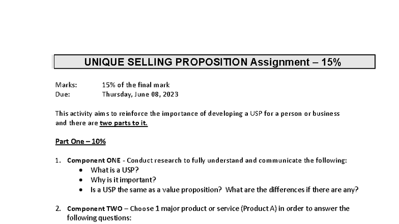USP Assignment #2: Developing Your Unique Selling Proposition - Studocu