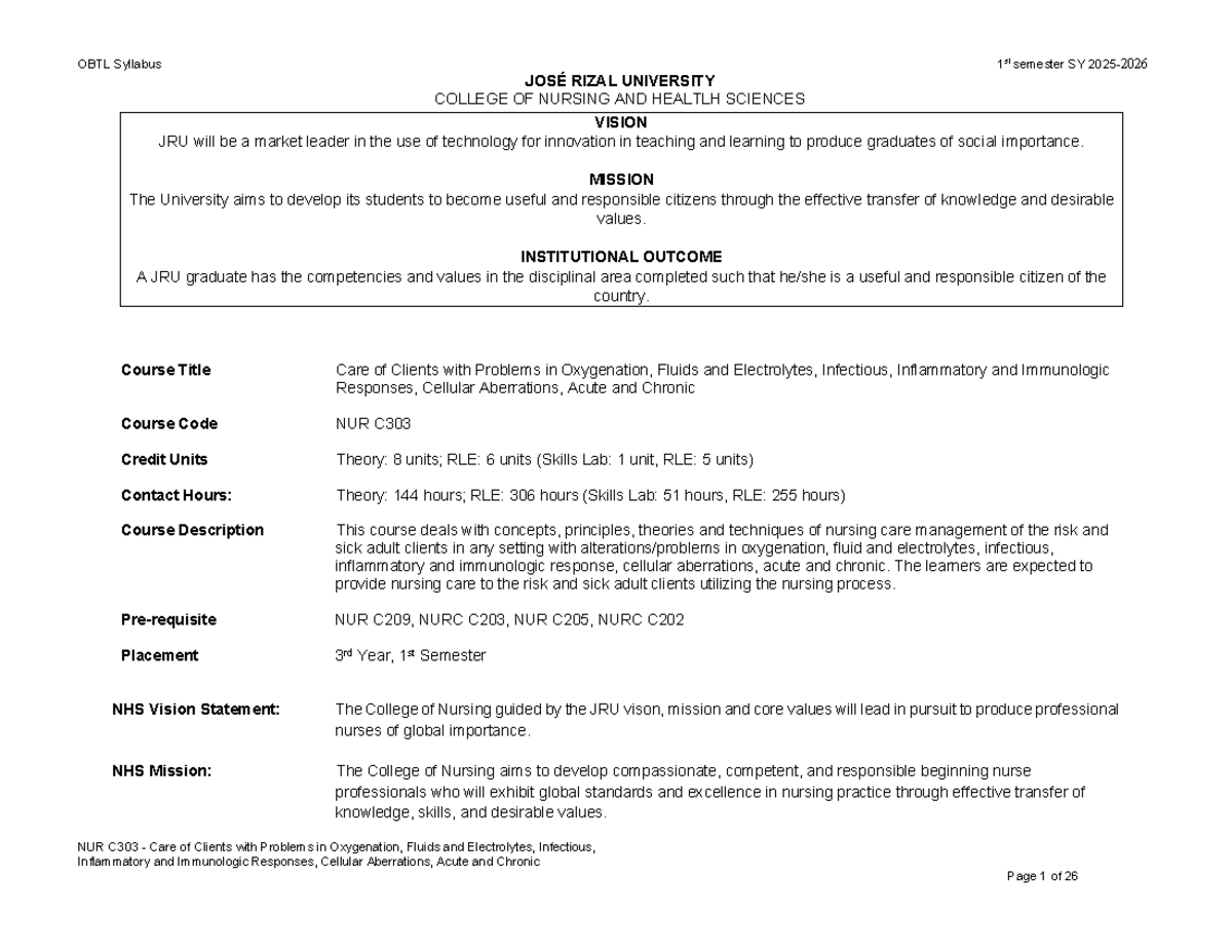 NUR C303 Syllabus: Care of Clients with Oxygenation & Fluid Issues ...