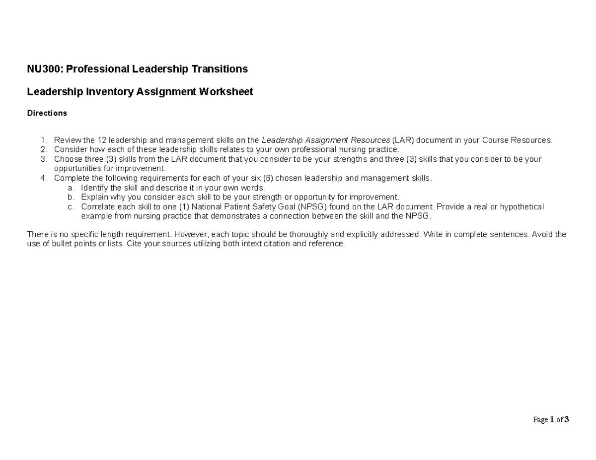 NU300: Leadership Inventory Assignment - Skills & NPSG Correlation ...