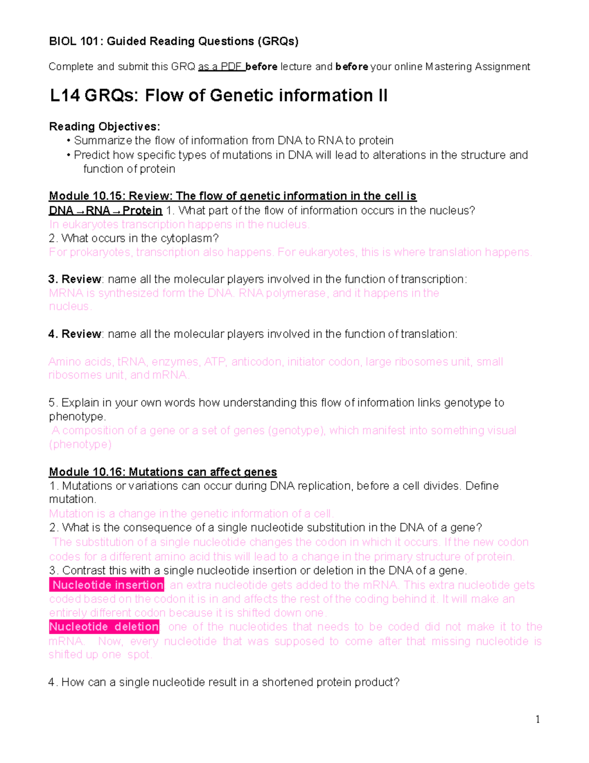 Lesson 14 GRQs: Understanding Genetic Information Flow II - BIOL 101 ...