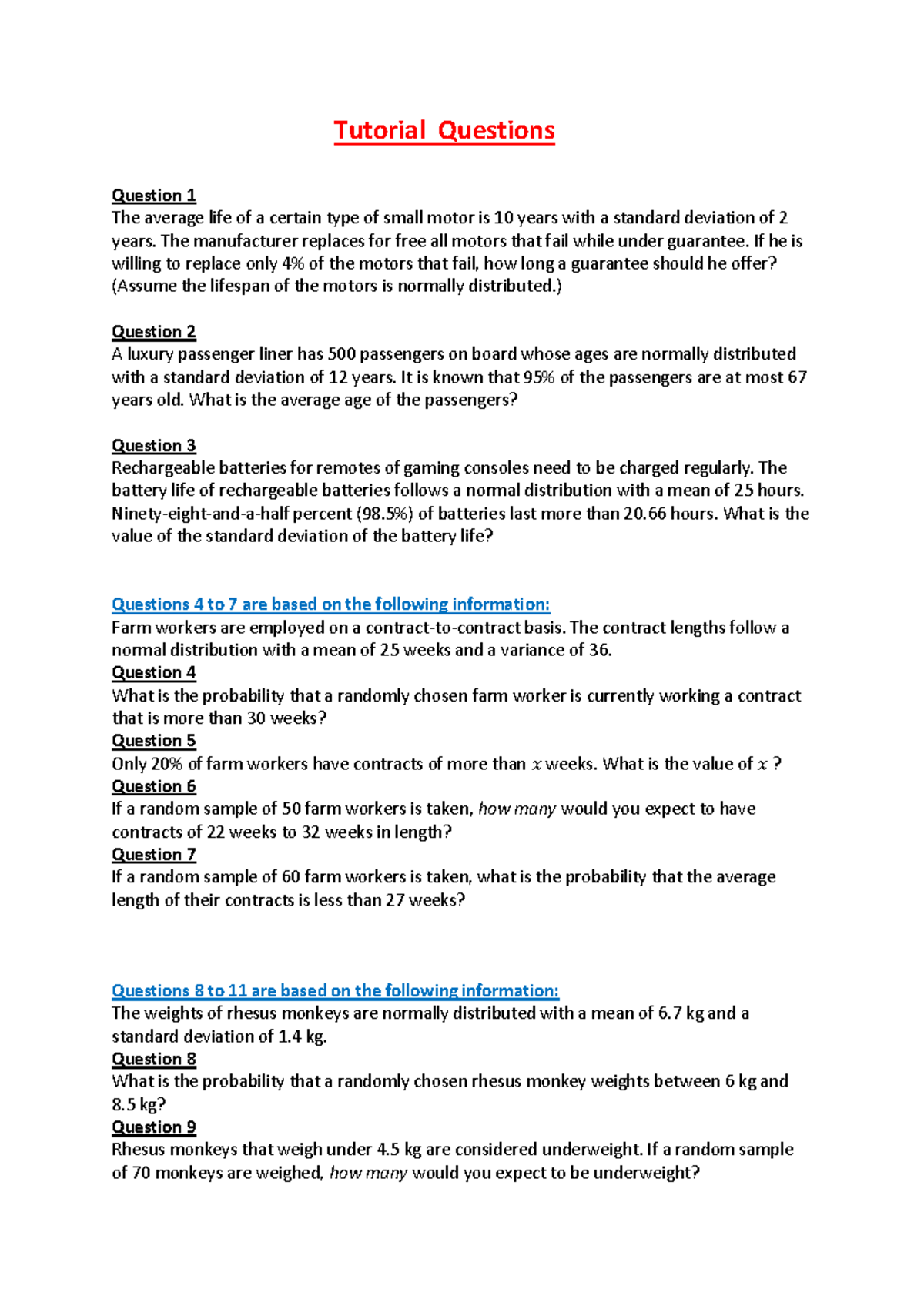 Tutorial 5b - Statistical Questions on Normal Distribution - Studocu