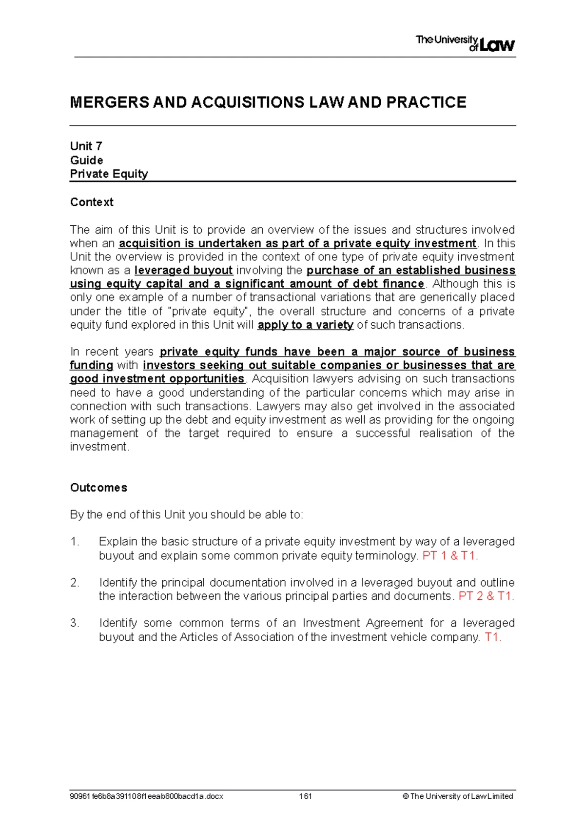 Workshop Guide - MERGERS AND ACQUISITIONS LAW AND PRACTICE UNIT 3 Guide ...