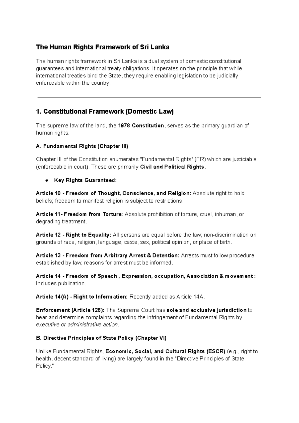The Human Rights Framework in Sri Lanka: A Comprehensive Overview - Studocu