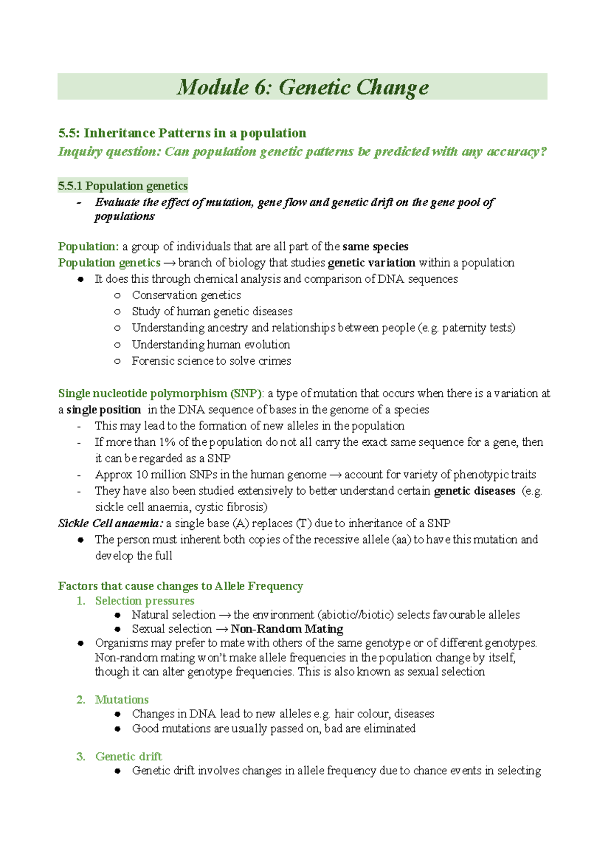 Year 12 Biology Summary Notes: Module 6 - Genetic Patterns ...
