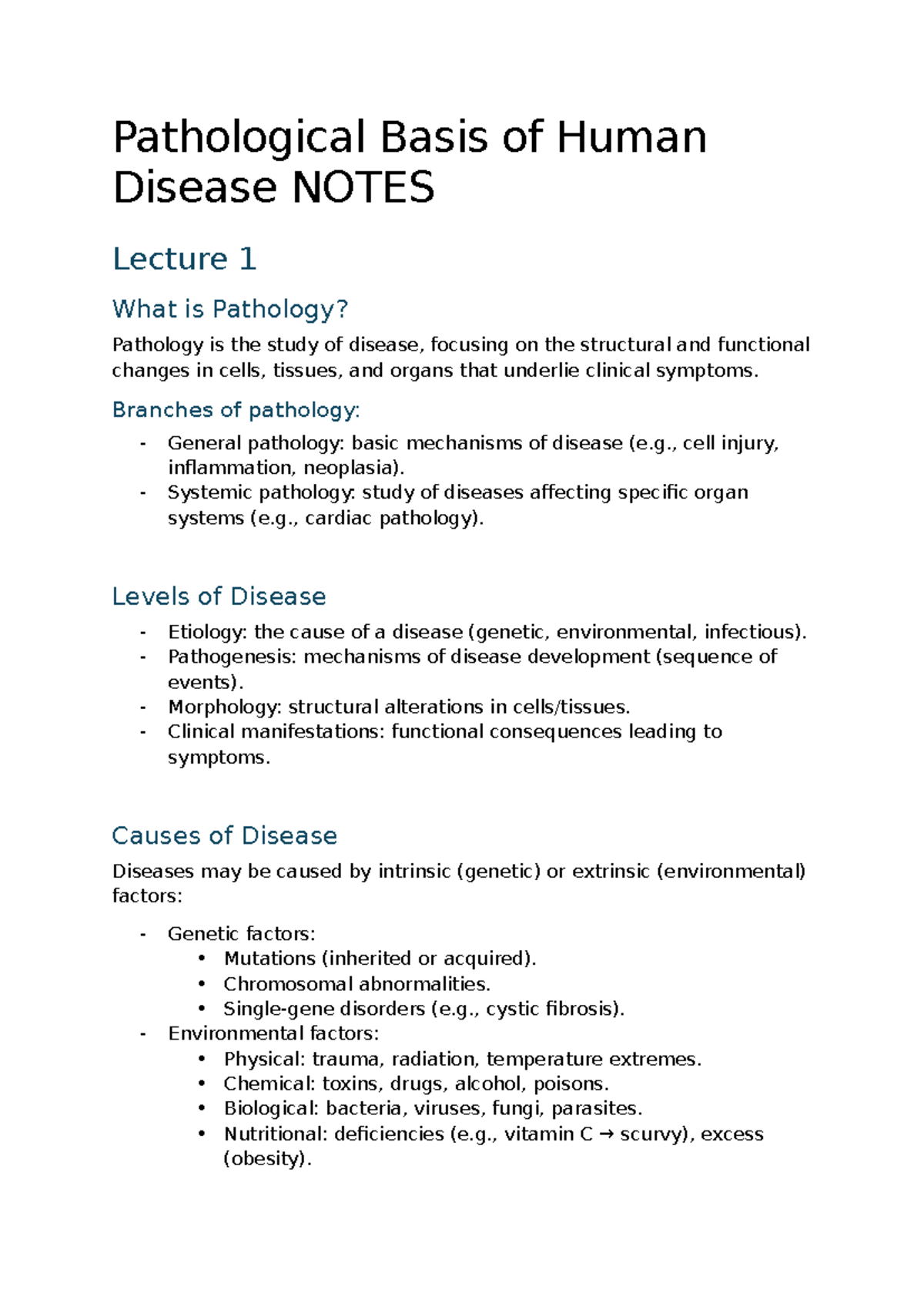 Pathological Basis of Human Disease: Lecture Notes Overview - Studocu