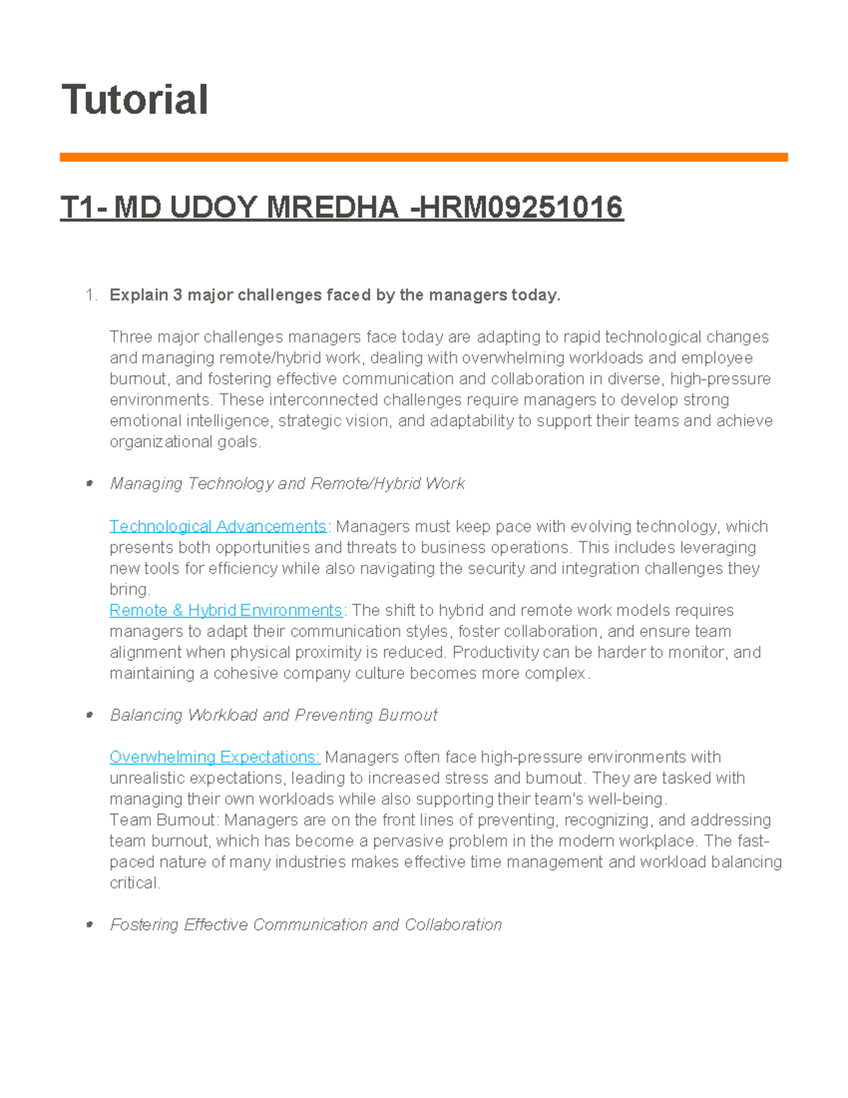 Tutorial - HRM09251016: Major Challenges in Modern Management - Studocu