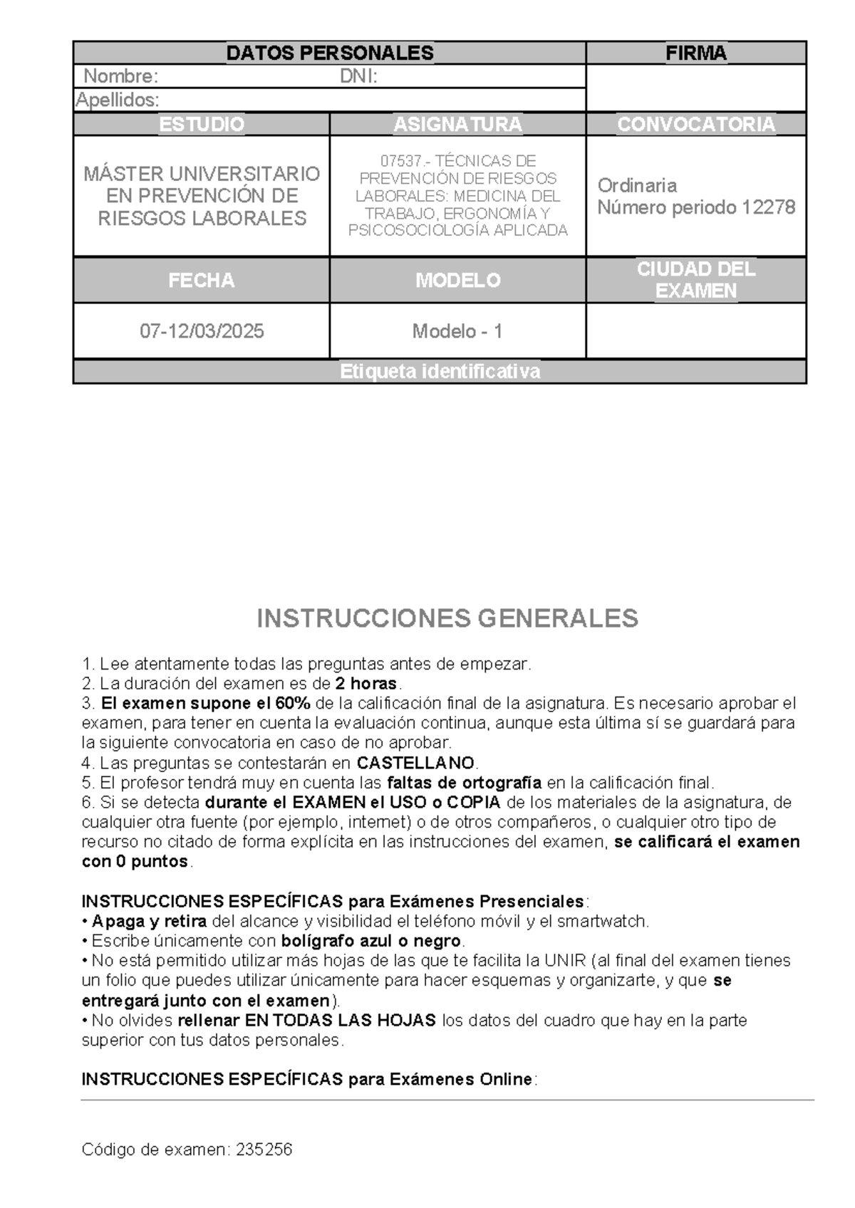 Examen Ordinario de Técnicas de Prevención de Riesgos Laborales 07537 ...