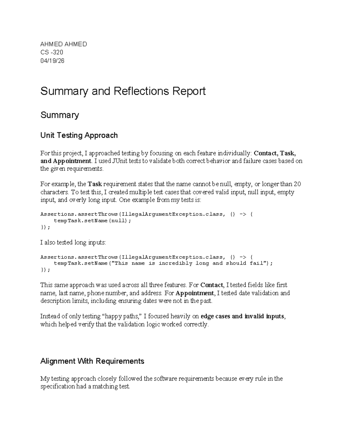 CS Project Report: Unit Testing Approach and Reflections - Studocu