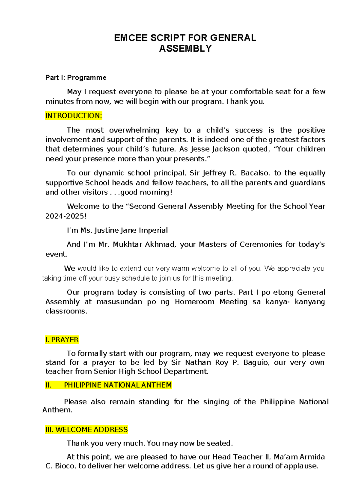 Script for General Assembly Meeting SY24-25: Emcee Instructions and ...