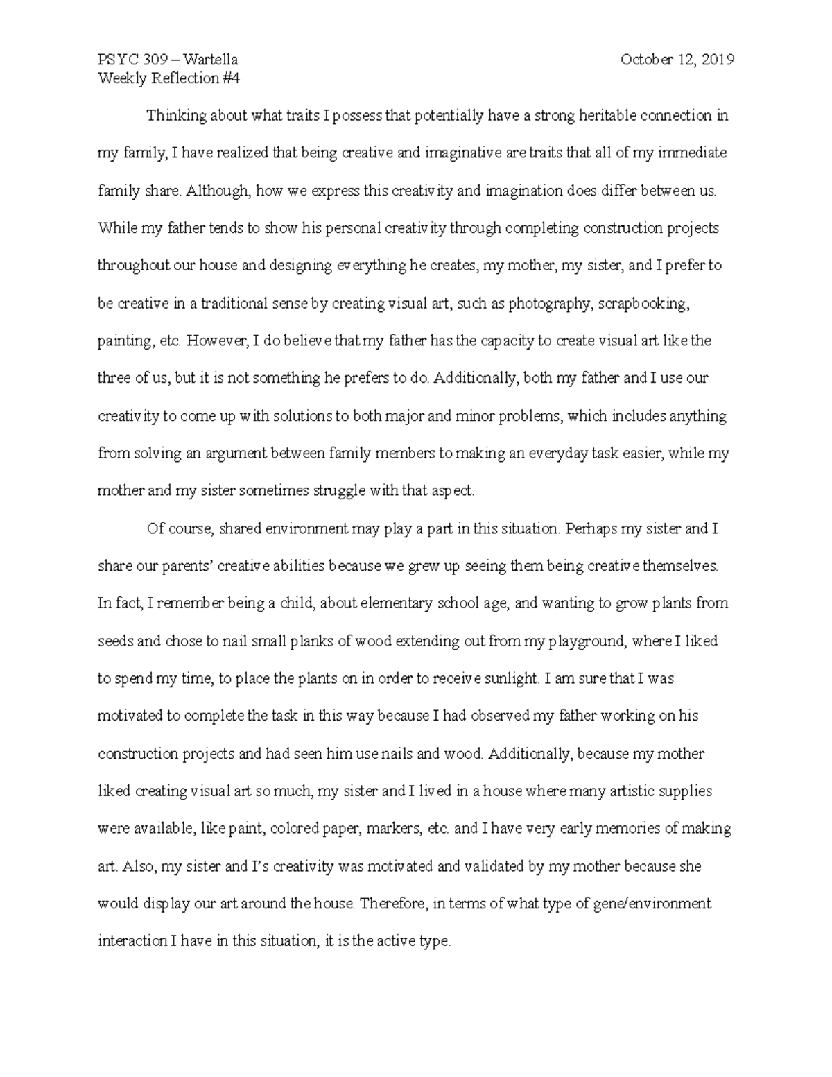 PSYC 309 – Chapter 6, 7, & 8 Weekly Reflection on Creativity - Studocu