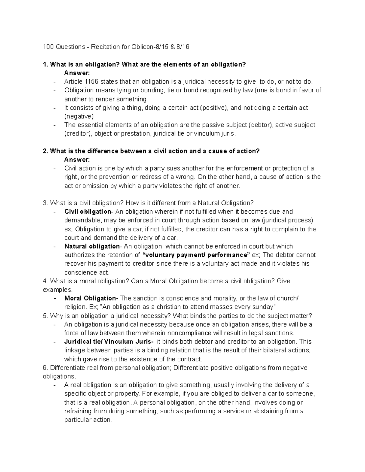 100 Questions Recitation for Obligation and Contracts (Oblicon 8-15 & 8 ...