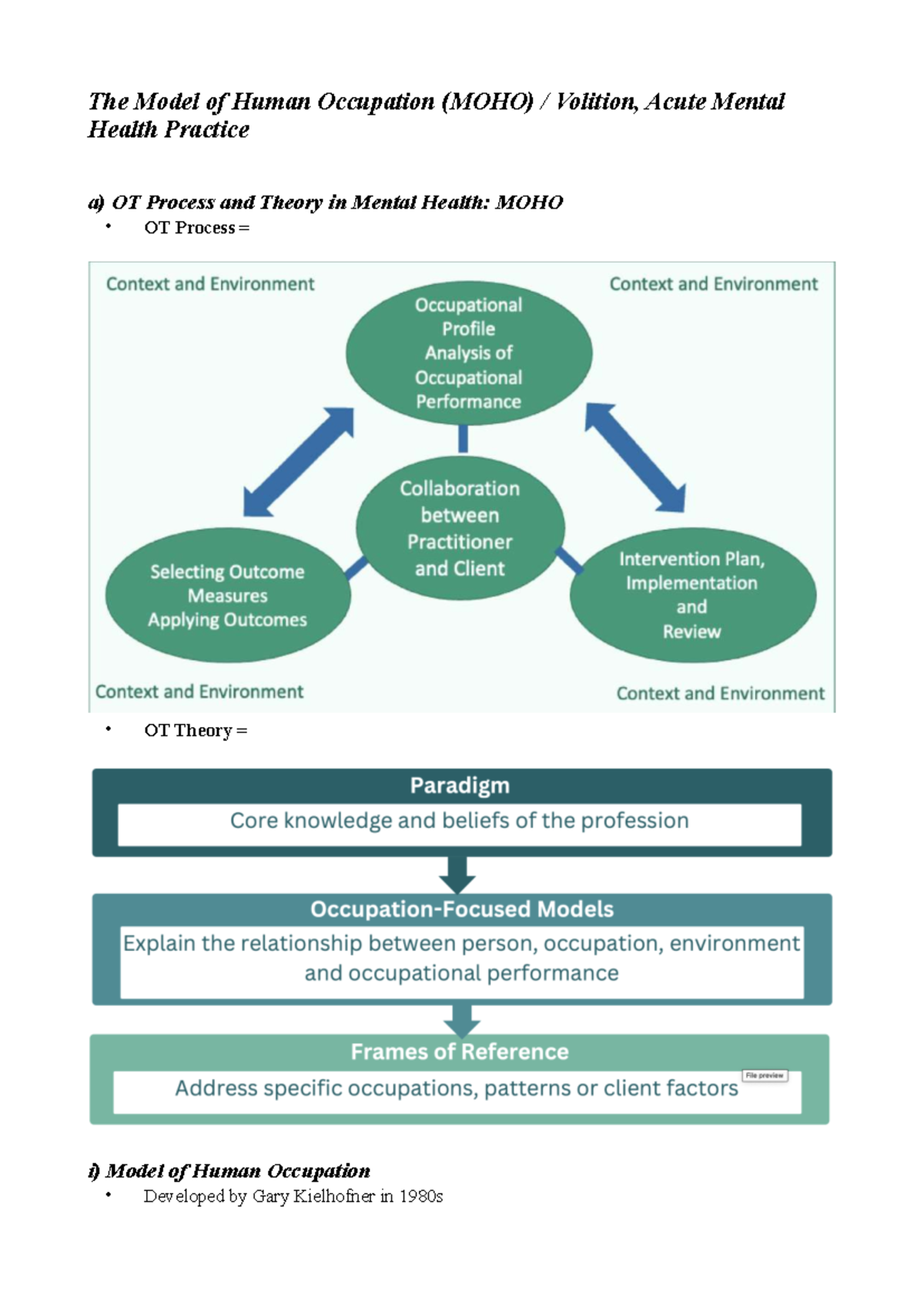 Model of Human Occupation (MOHO) in Acute Mental Health Practice - Studocu
