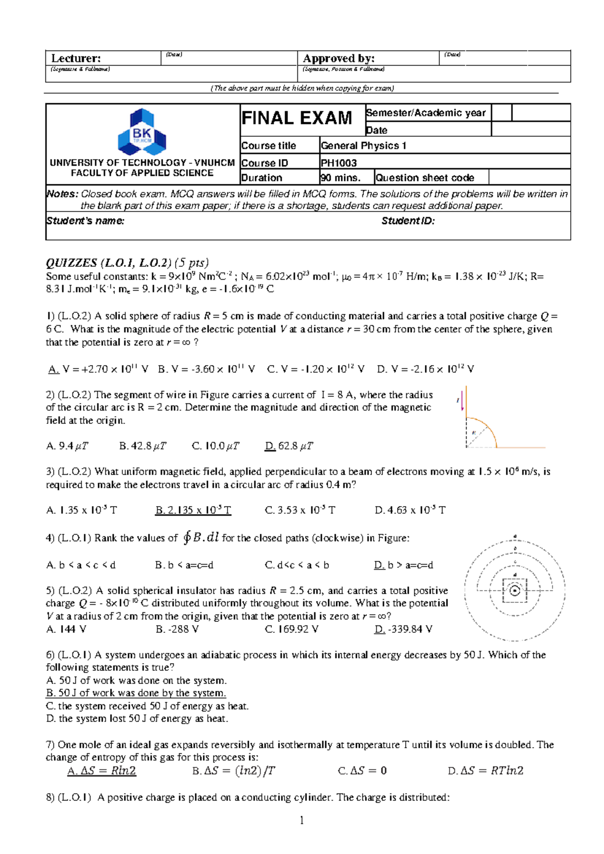 Final Exam PH1003 - General Physics 1 Question Sheet - Studocu