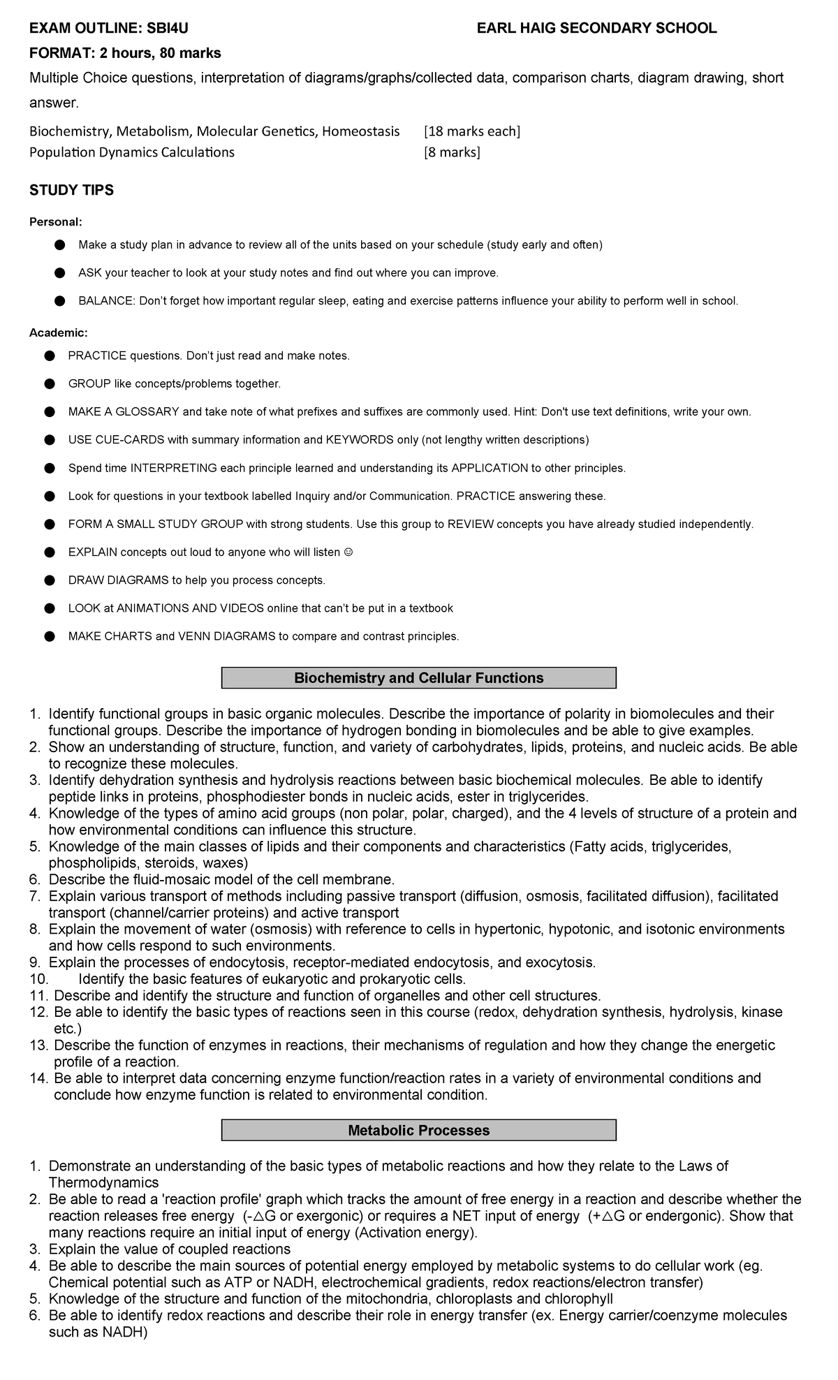 SBI4U 202425 S1 Final Exam Outline: Key Topics & Study Tips - Studocu
