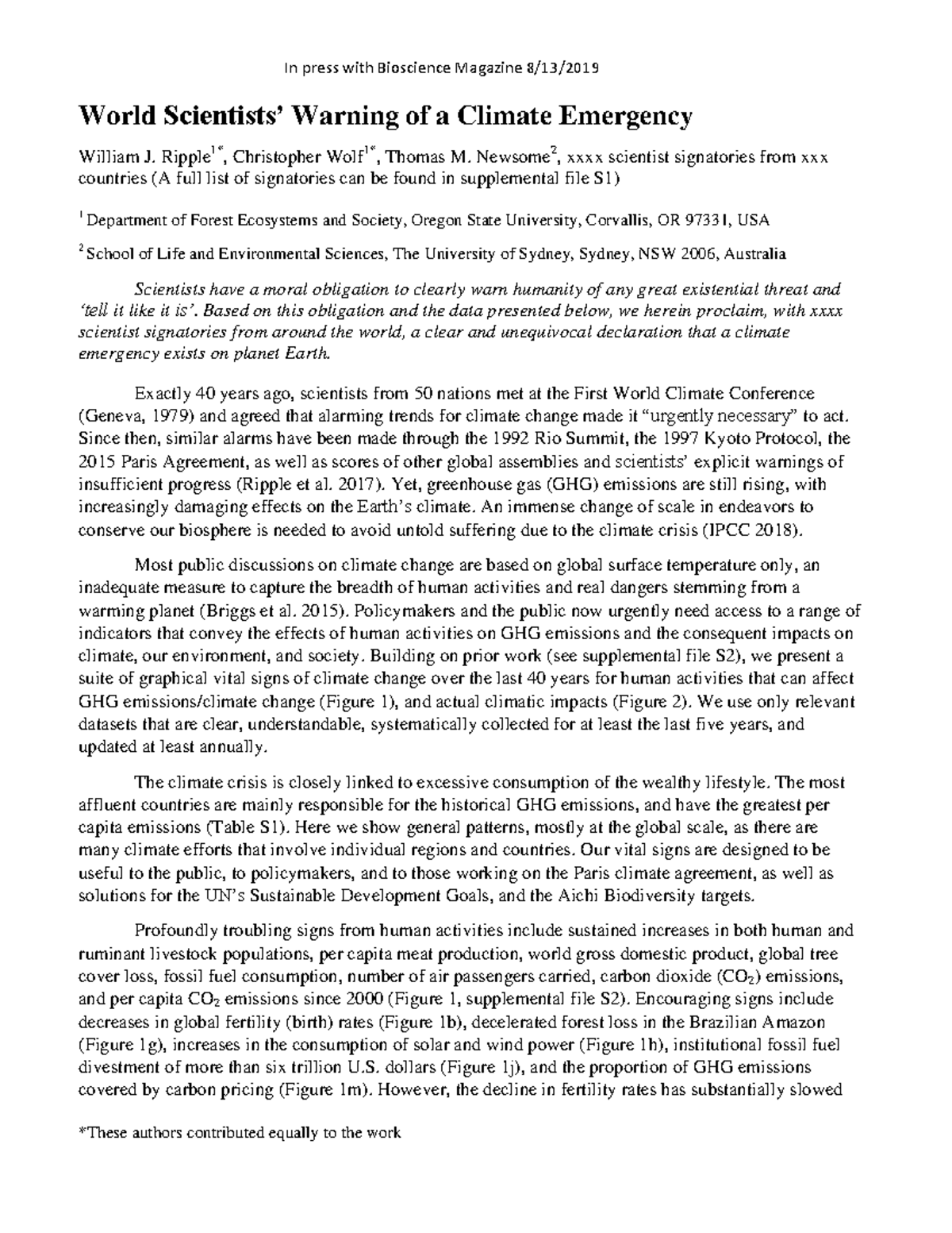 Ripple-2019-Climate Emergency - *These authors contributed equally to ...