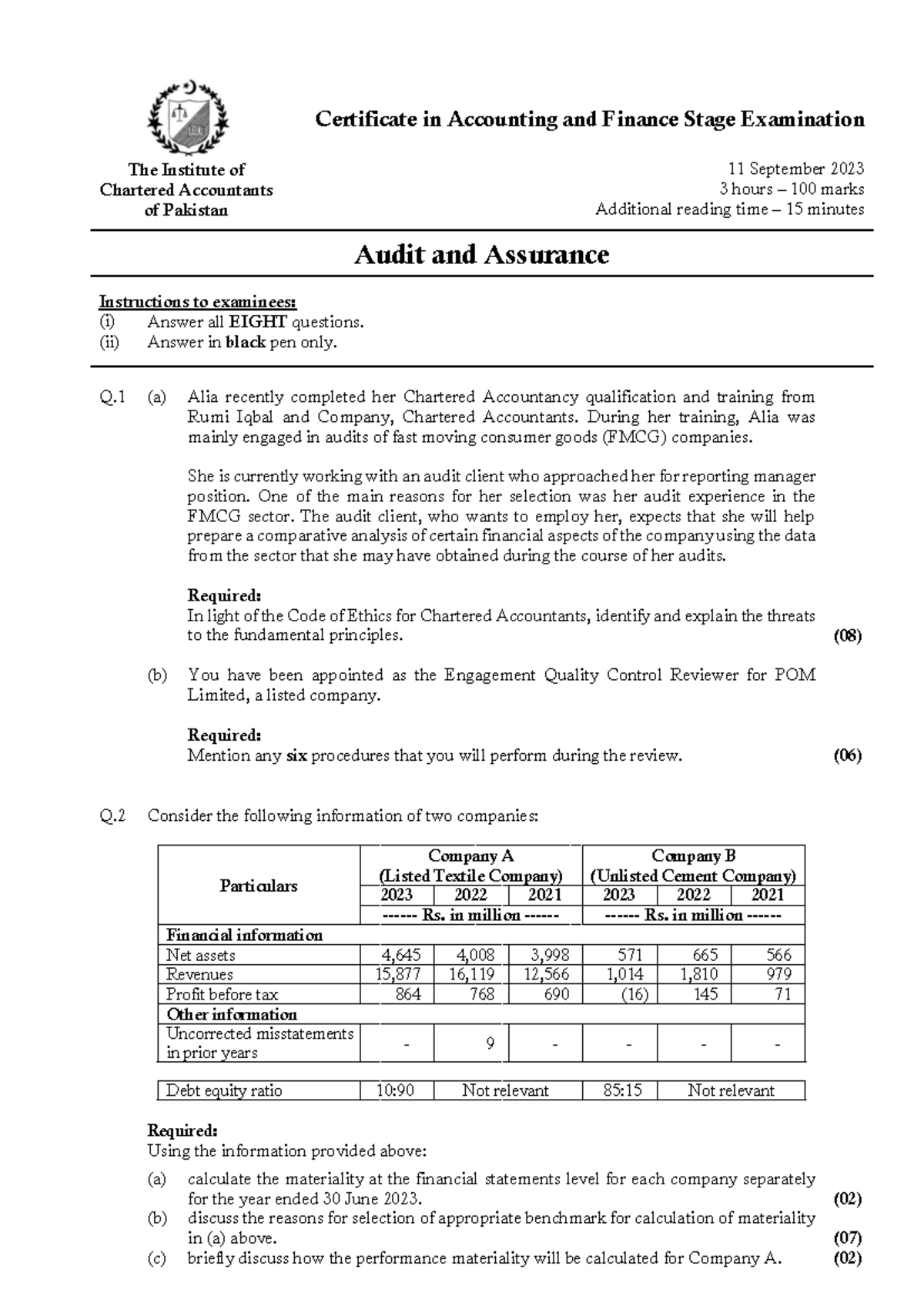 CAF 8 AUD Autumn 2023 - Past Exam Paper with Solutions - Studocu