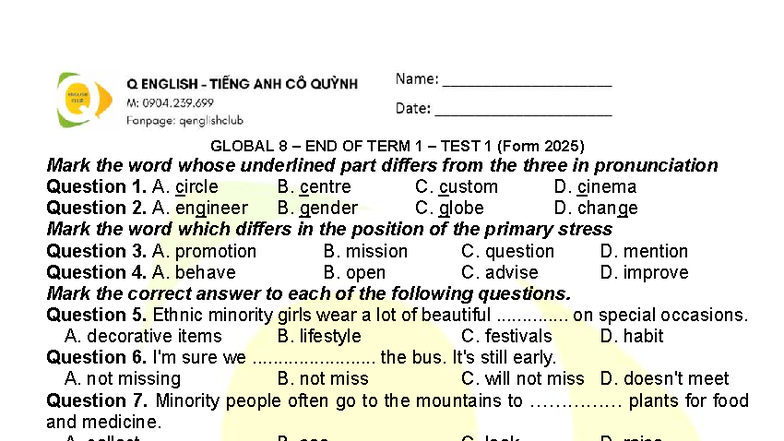 G8 GLOBAL END OF TERM 1 TEST 1 (Form 2025) - Studocu