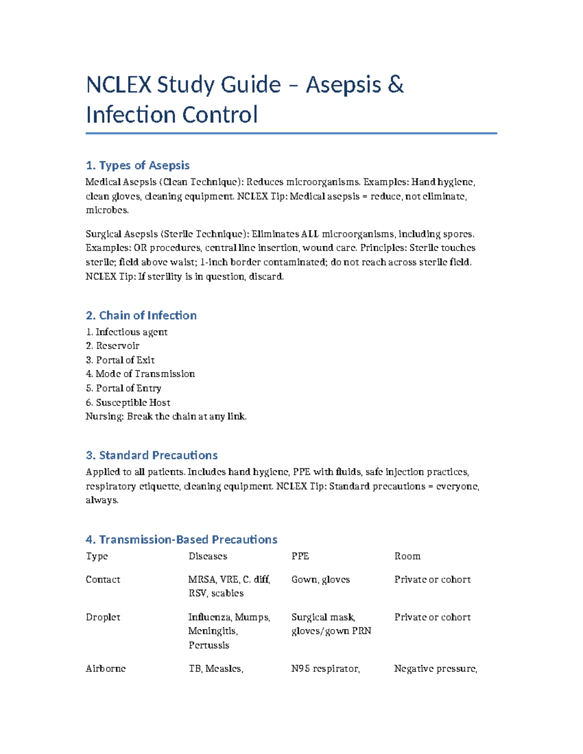 NCLEX Asepsis & Infection Control Study Guide - Studocu