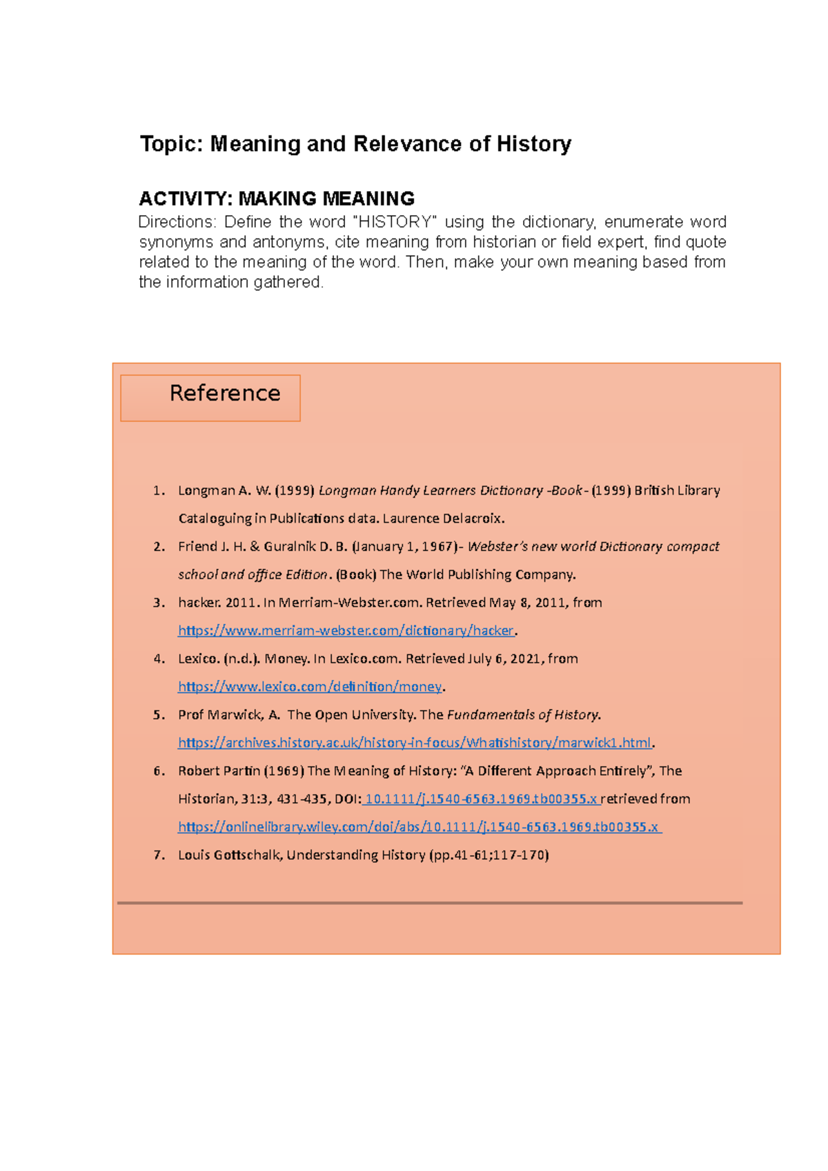 RPH Definition of History ( Dictionary/Historians/ self) - Topic ...