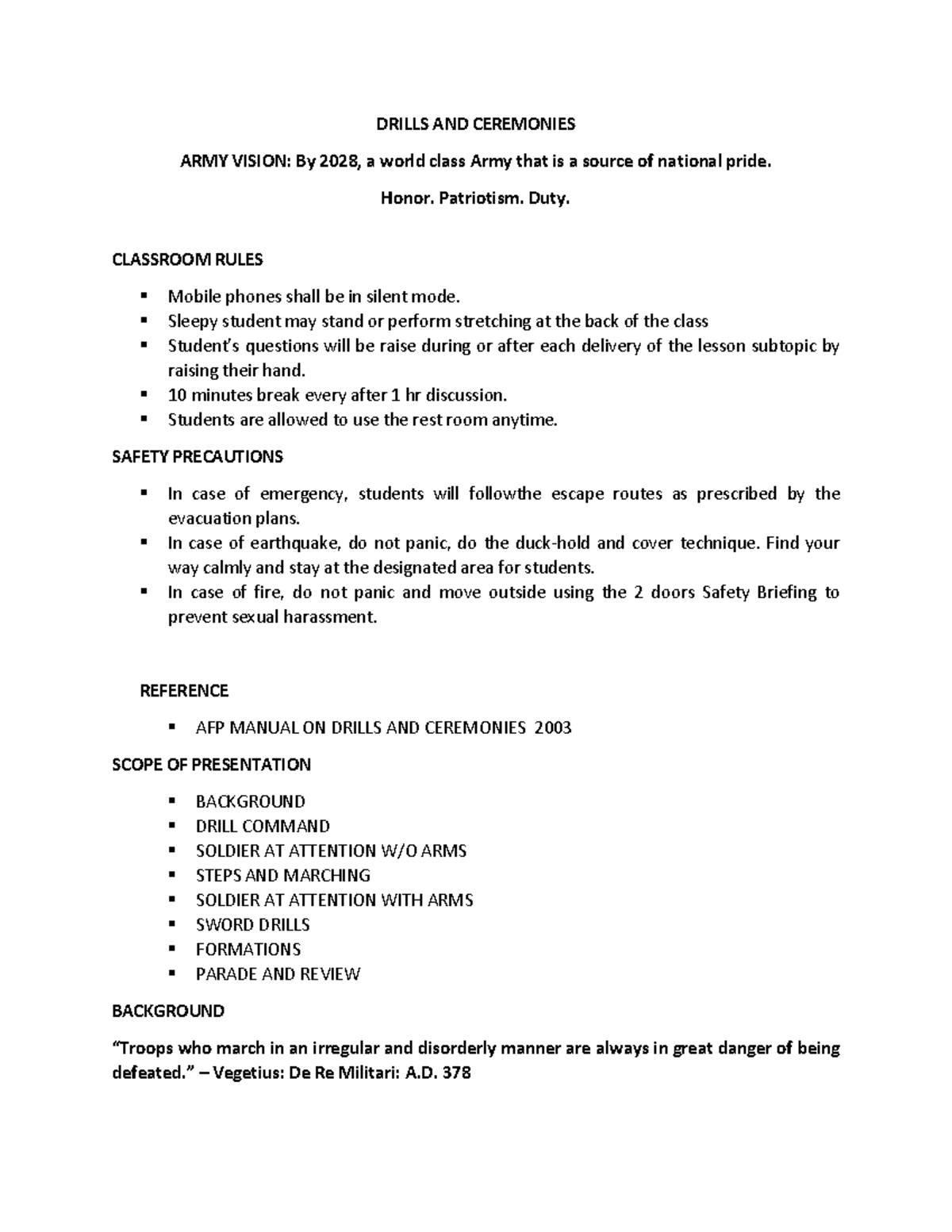 Drills and Ceremonies Guidelines for AFP Personnel (DRILLS 2028) - Studocu