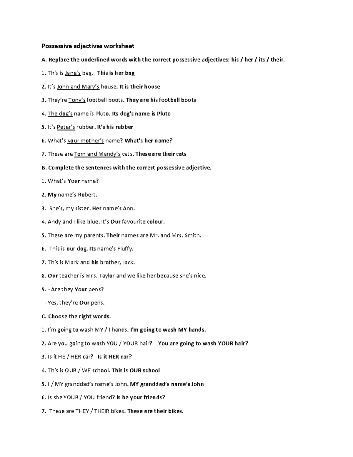 Possessive Adjectives Worksheet T2: Practice and Exercises - Studocu
