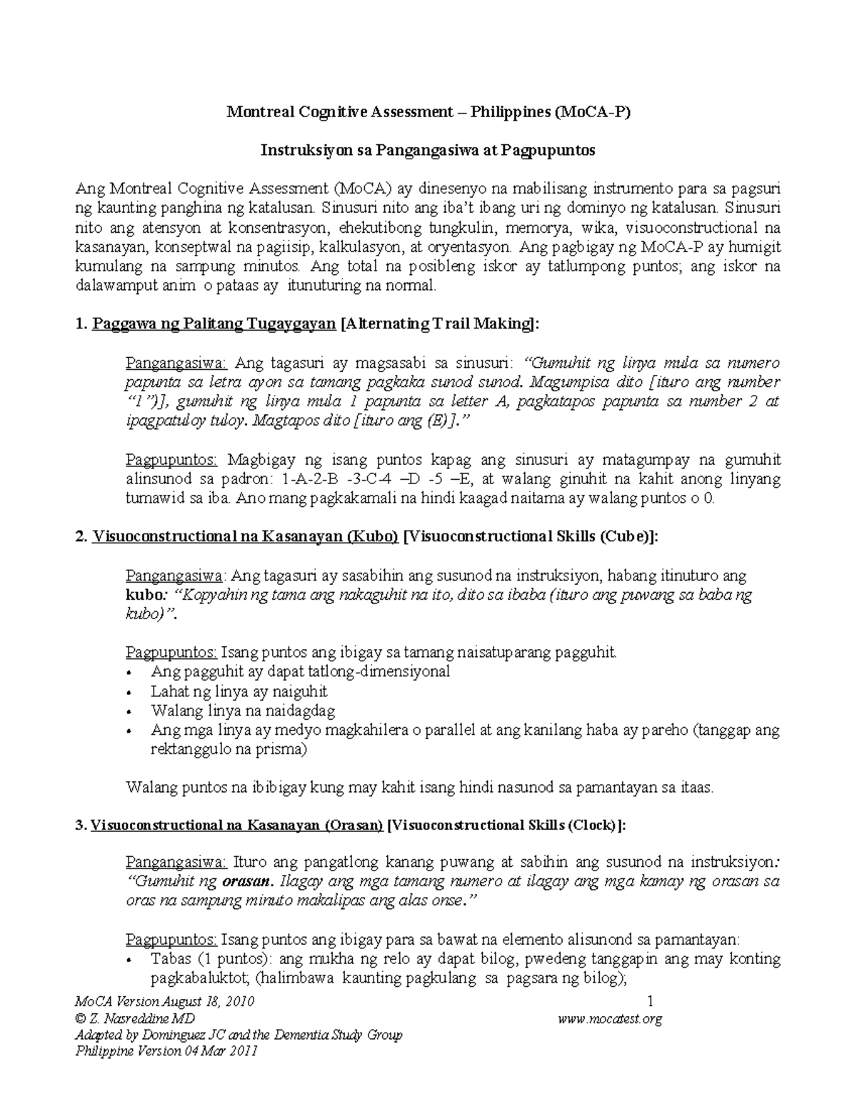 MoCA Instructions for Administration and Scoring - Filipino 2011 - Studocu