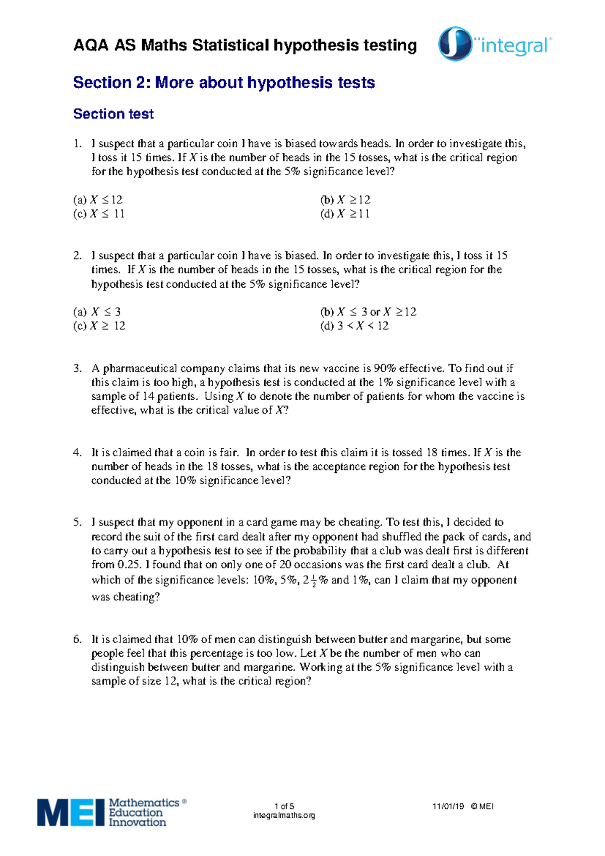 AQA AS Maths Hypothesis Testing: Detailed Analysis & Section Test - Studocu