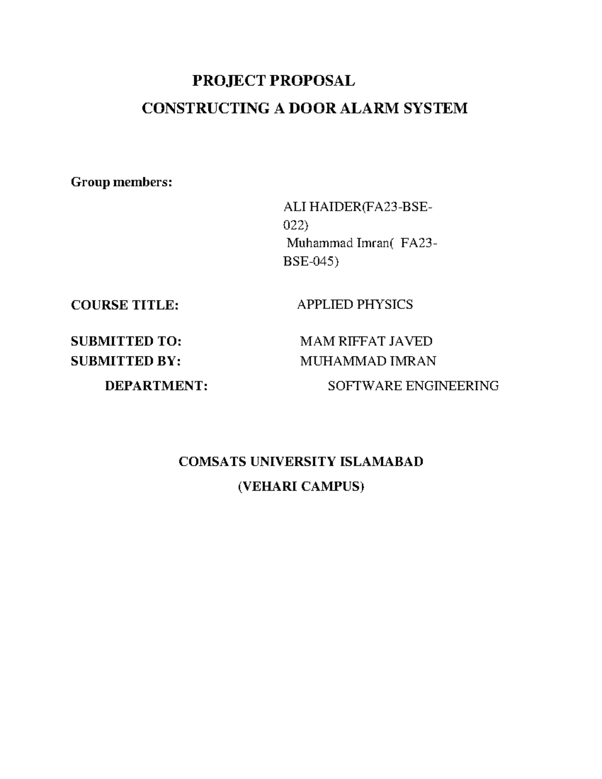FA23-BSE Project Proposal: Door Alarm System Design Details - Studocu