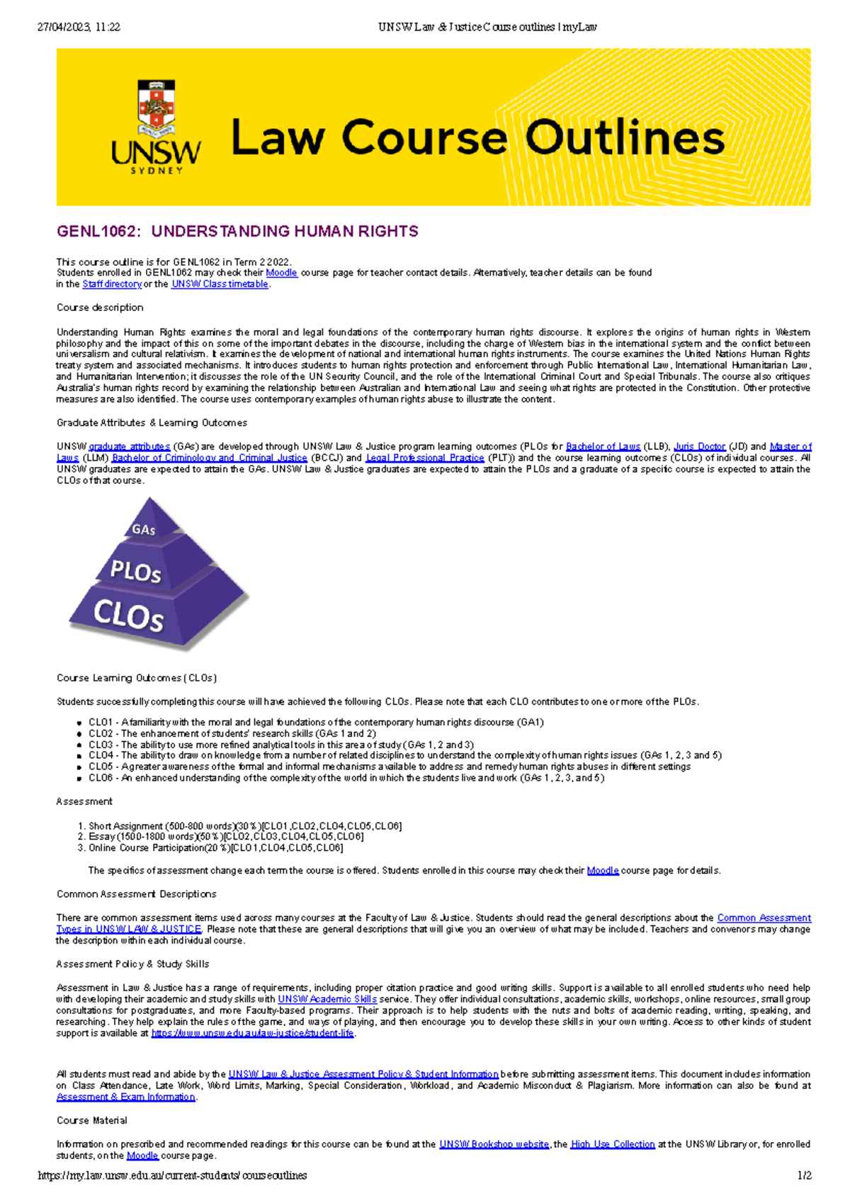 GENL1062 Term 2 2022 - Understanding Human Rights Course Outline - Studocu