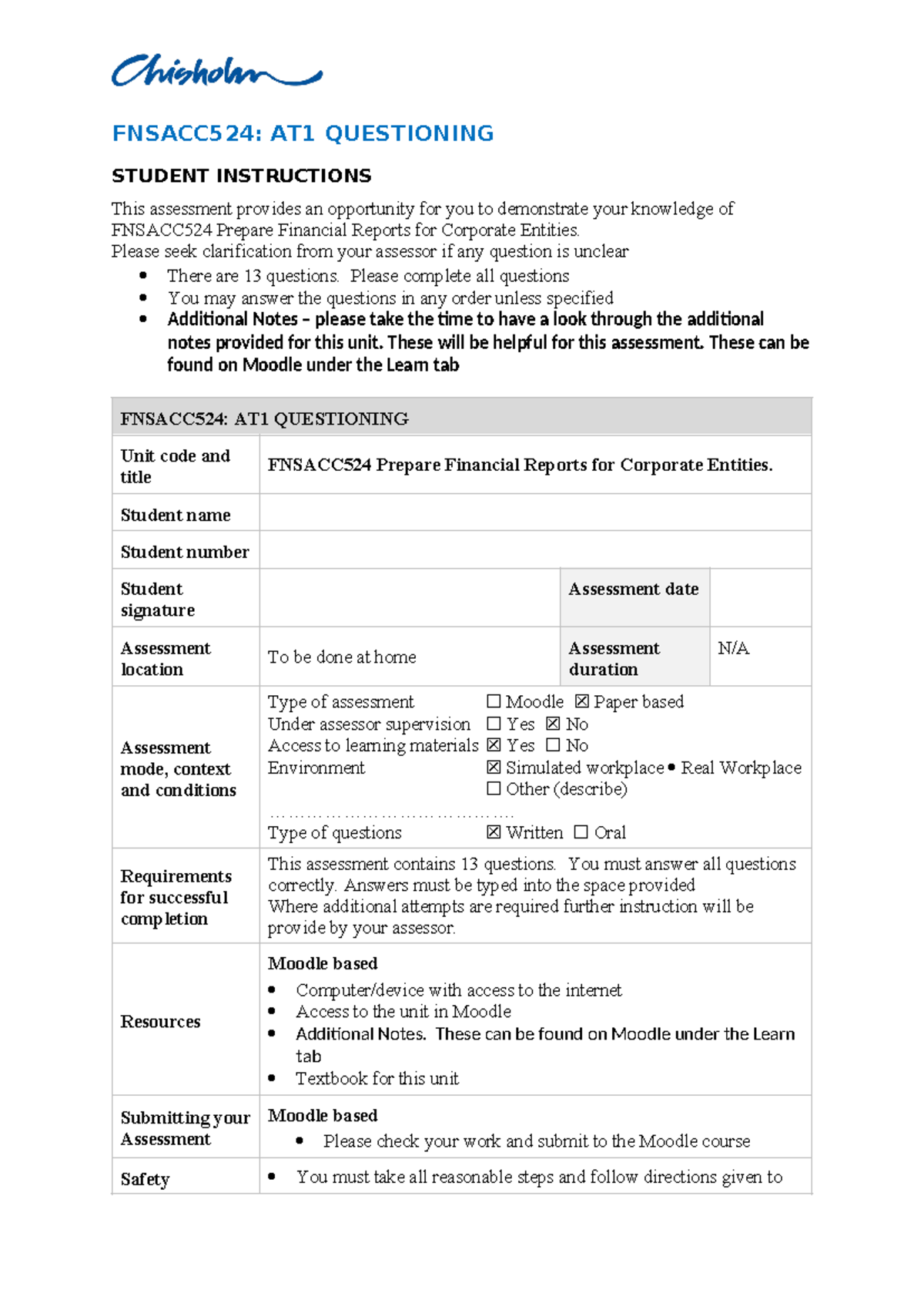 FNSACC524 AT1 Assessment Questions and Guidance Guide - Studocu