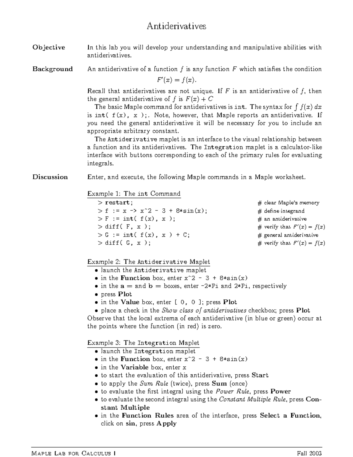 Calculus I Lab: Understanding Antiderivatives (Fall 2003) - Studocu