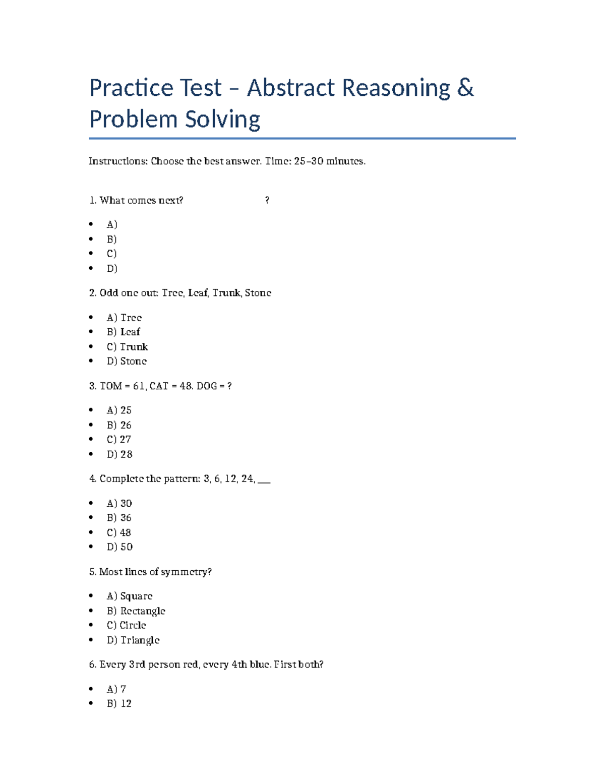 Abstract Reasoning Practice Test (ART 101) - Studocu